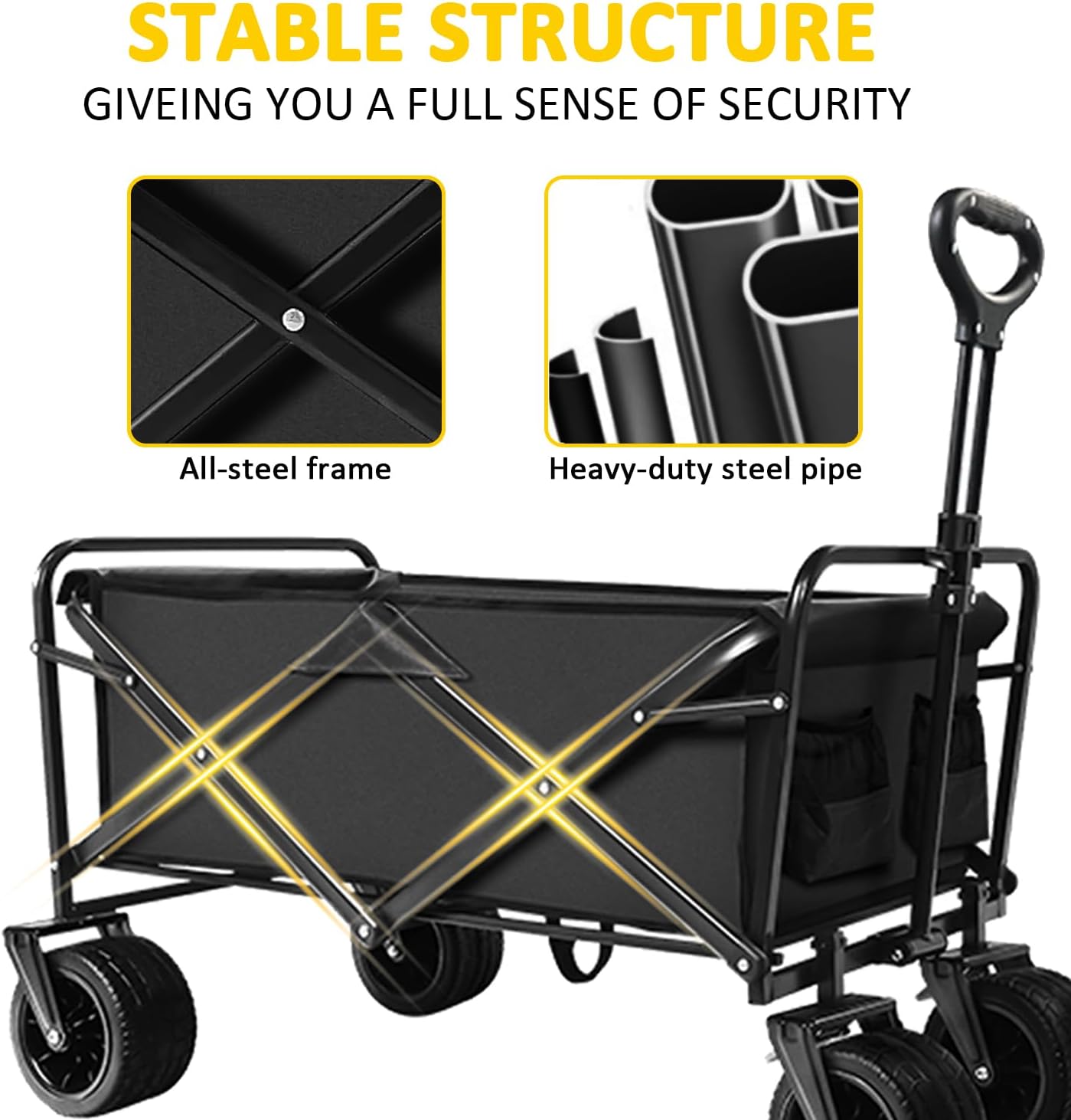 Heavy Duty Collapsible Wagon Cart with Wheels - Large Capacity Foldable Portable Utility Wagon for Grocery, Beach, Camping & Sports Shopping, Black