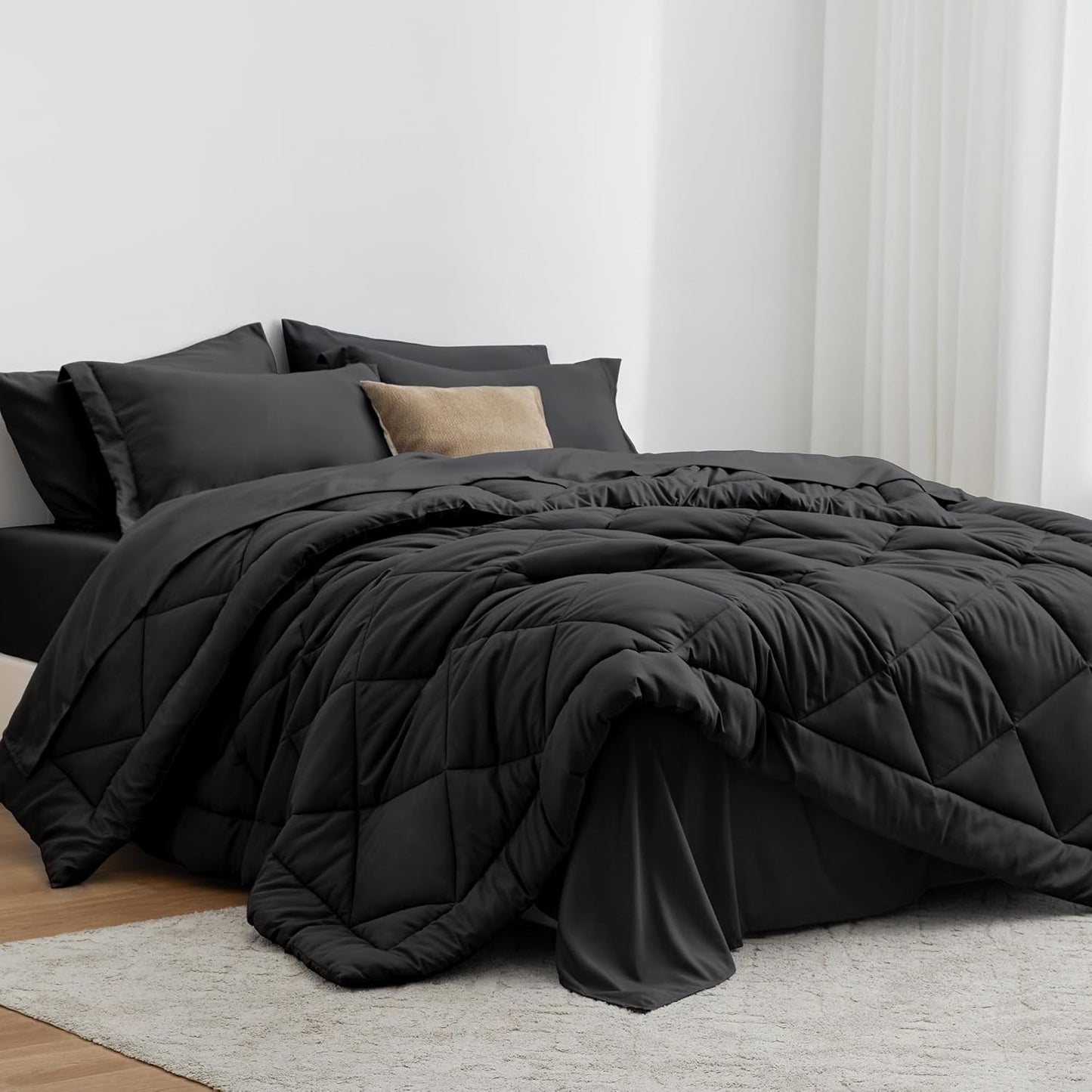 Love's cabin King Size Comforter Set Black, 7 Pieces King Bed in a Bag
