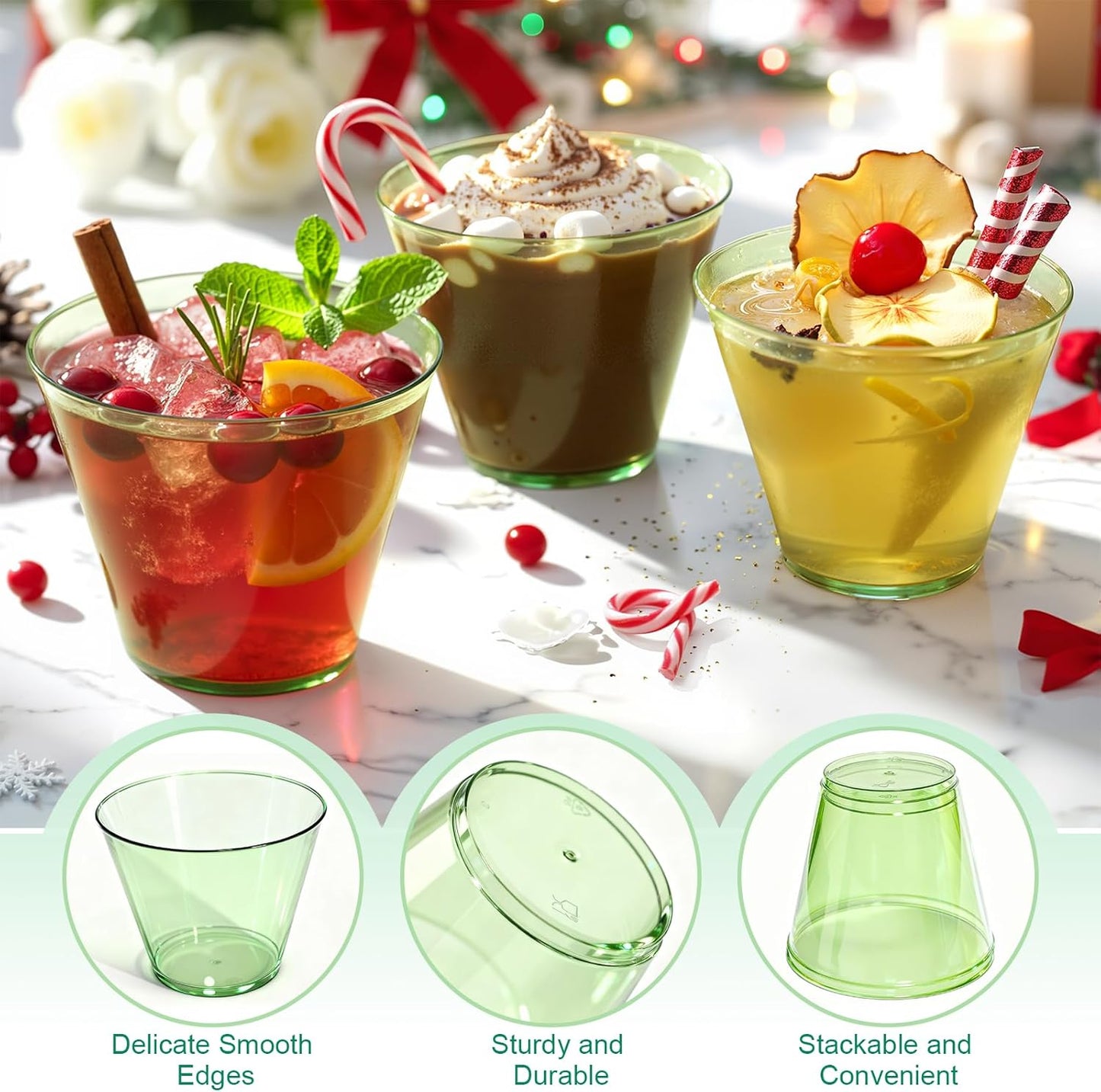 9 oz Clear Plastic Cups Green Plastic Disposable Cups for Cocktail 50 Pack Fancy Cocktail Cup for Party Stemless Wine Glasses for Easter Wedding Party Graduation Birthday