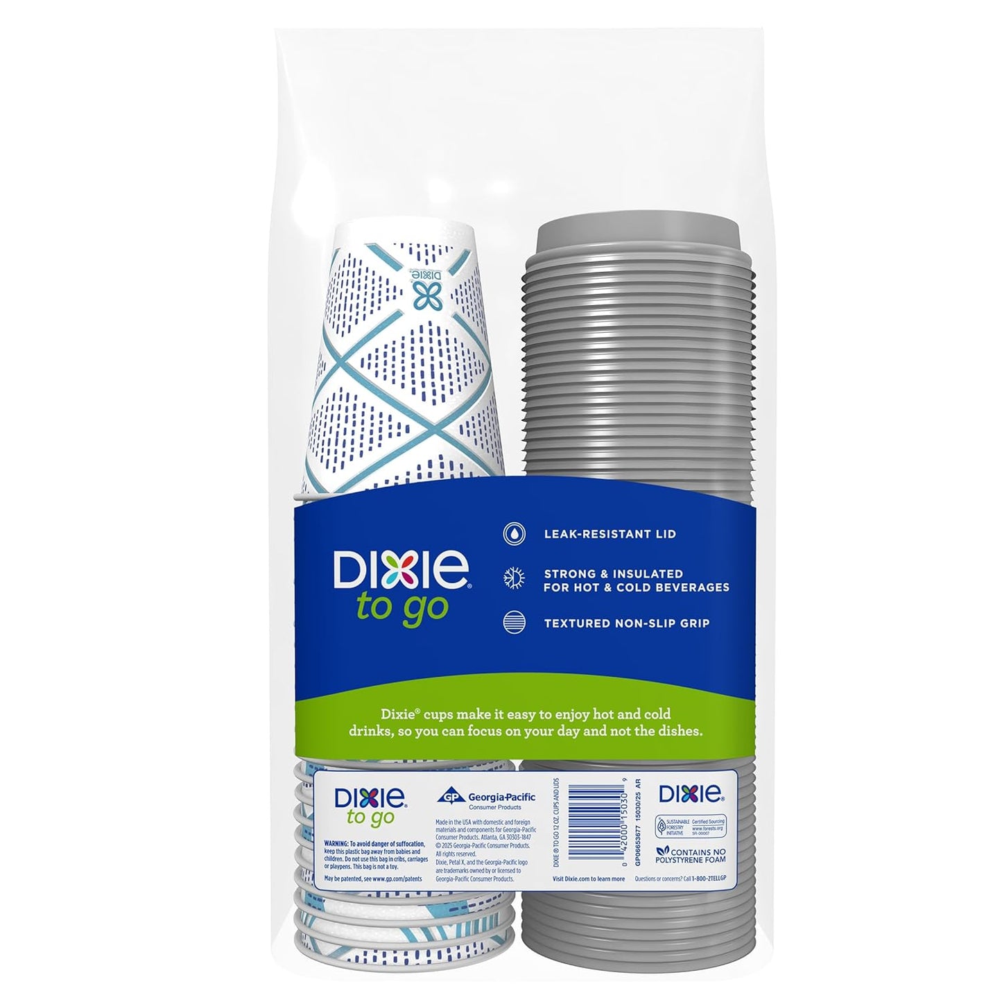 Dixie To Go Paper Coffee Cups With Lids, 12 oz, 66 ct, Disposable Insulated Paper Cups for On-The-Go Hot or Cold Beverages