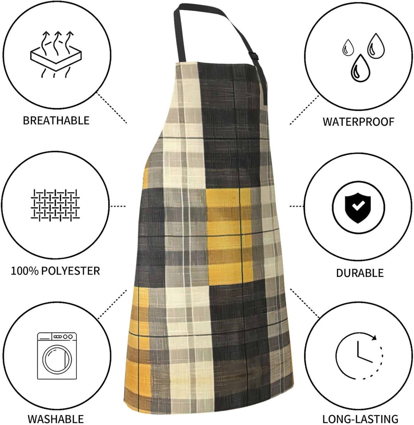 Yellow Gray Black Plaid print Waterproof chef's apron with pocket apron for kitchen cooking baking barbecue and gardening