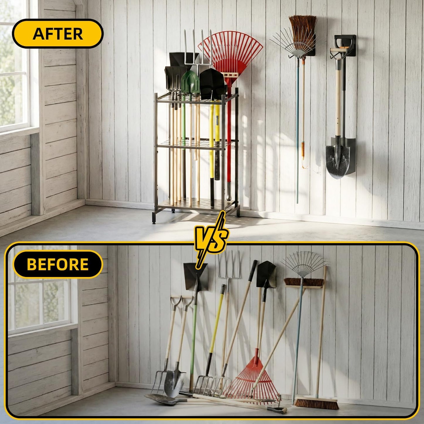 Garden Tool Organizer with 2 Pack Wall Mounted Racks, Holds 35+ Long-Handled Tools, Heavy Duty Metal Yard Tool Storage Stand for Garage, Shed & Outdoor Organization, Black