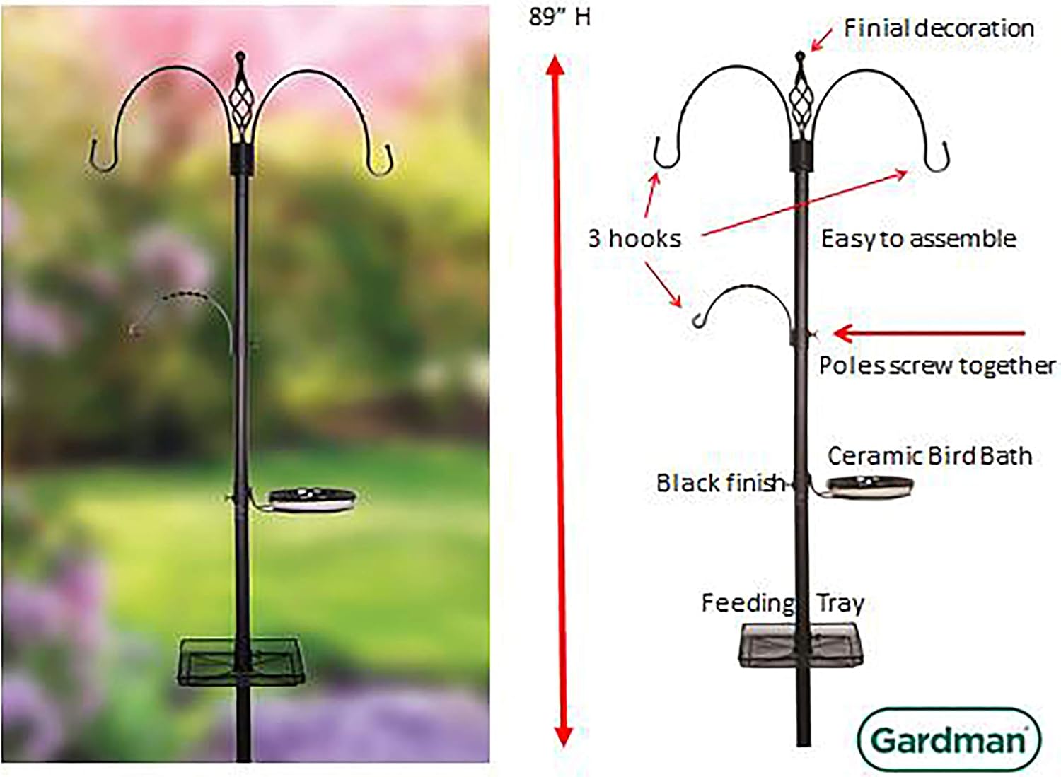 Gardman BA08015 Bird Feeding Station 2 Hook Square Tray, Matte Black