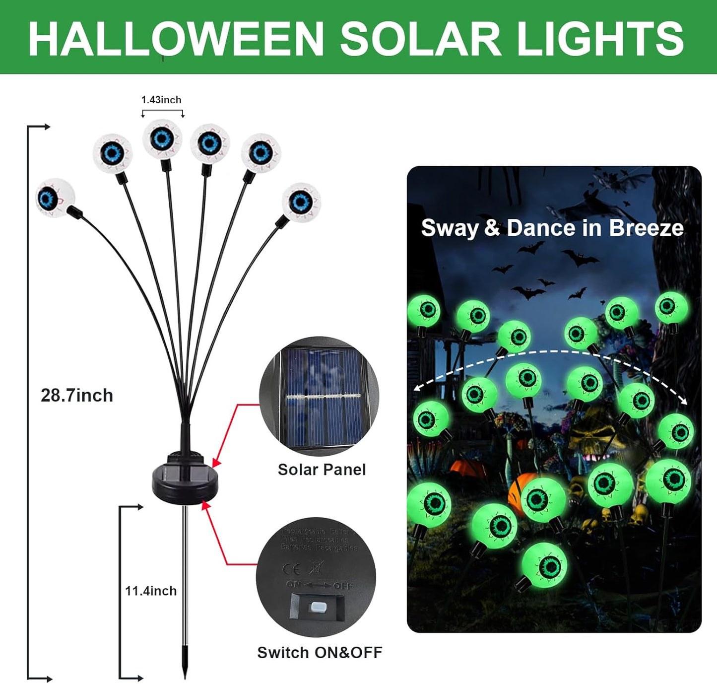 AIKEI Solar Halloween Lights Outdoor, Solar Scary Eyeball Lights, 2 Pack 12 LED Eyeball Swaying Firefly Lights,Waterproof Halloween Decoration for Yard Garden Party Supplies,Green Lights