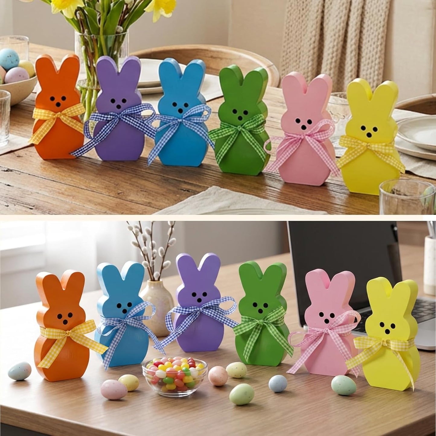 Easter Decorations for Home, 6 Pcs Wooden Bunny Table Decorations Sign