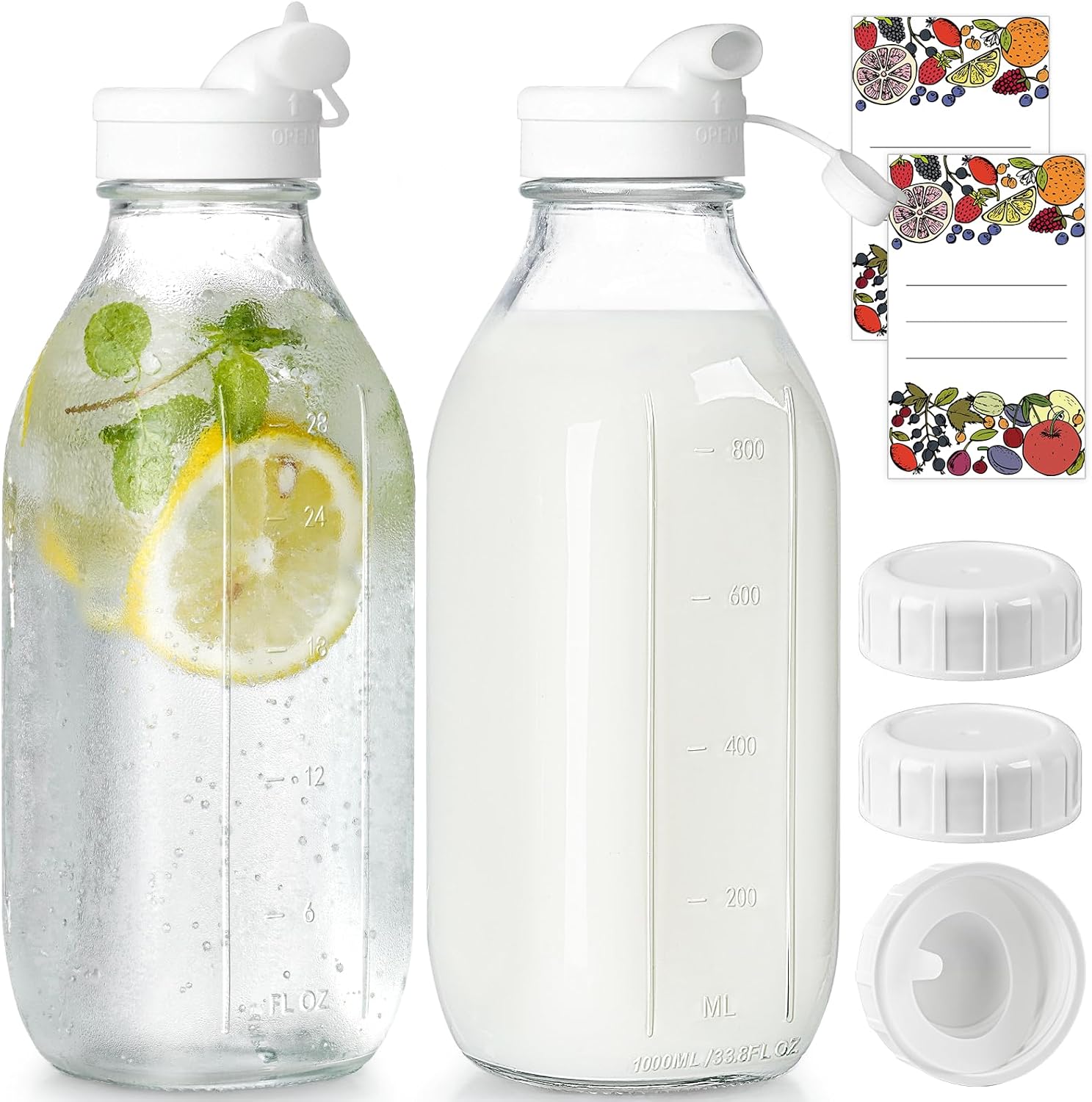2 Pack Glass Milk Bottle with 2 Dispenser Caps, 100% Airtight Heavy Du