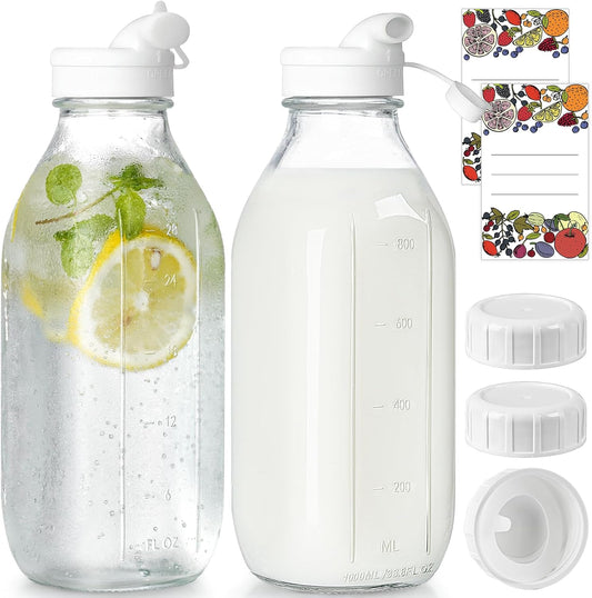 2 Pack Glass Milk Bottle with 2 Dispenser Caps, 100% Airtight Heavy Du
