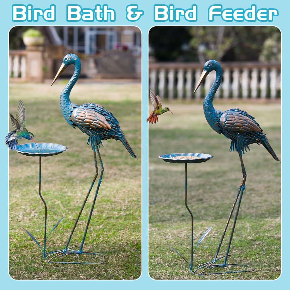 Metal Crane Garden Statue for Outside, Large Heron Outdoor Statues with Leaf Tray, Elegant Crane Yard Art Garden Decor for Garden Yard, Porch(39.37 Tall)