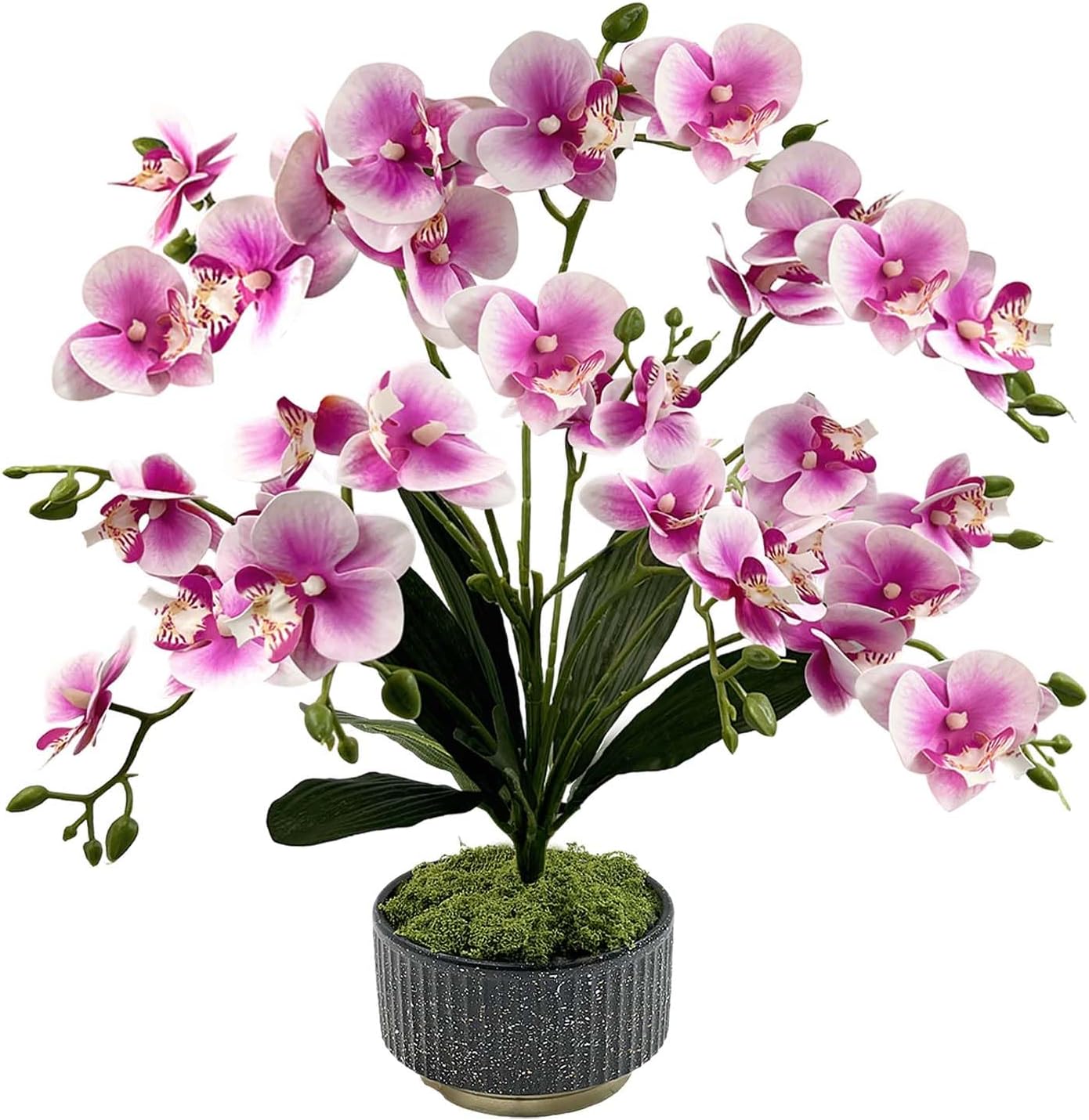Daily Treasures Artificial Orchid Flower in Pot - 33 Realistic Flower Heads with Adjustable Stems, Premium Black & Gold Ceramic Vase, No Maintenance Faux Floral Decor for Home Office Bathroom