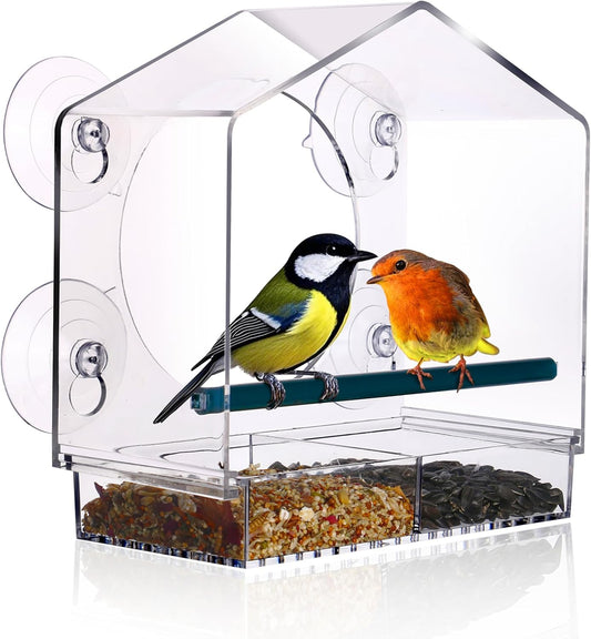 Clear Window Bird Feeder for Outside,Window Bird Feeder with Strong Suction Cups,Clear Window feeders for Viewing, Removable Tray and Large Seed Capacity,Easy-to-Clean