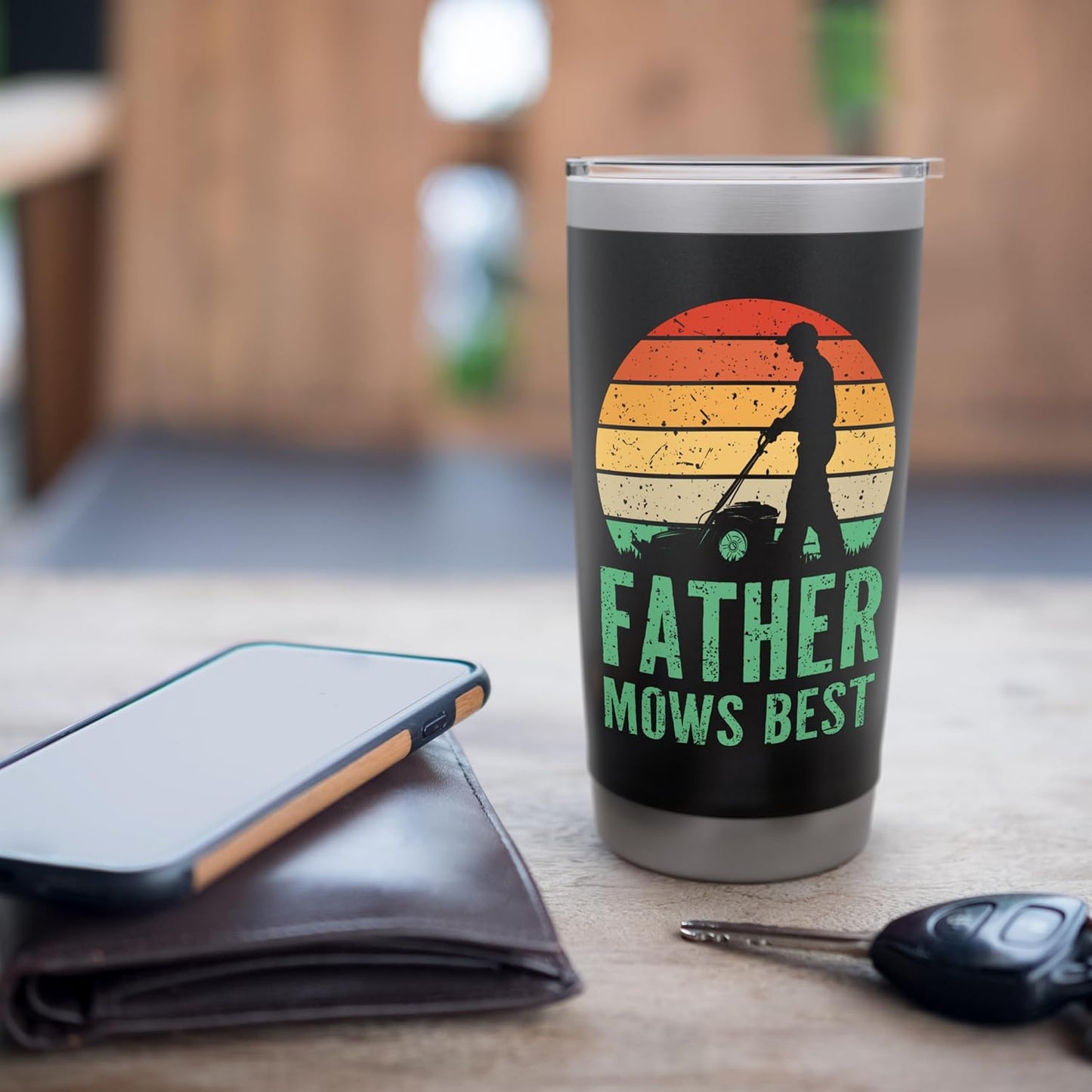 Retro Sunset Father Mows Best Gardener Dad Lawn Care Stainless Steel Insulated Tumbler