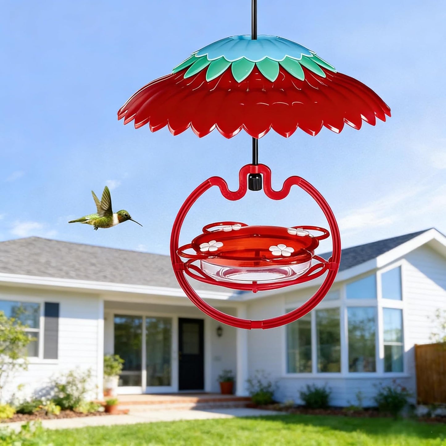 Shirem Hummingbird Feeder Sweety Hanging High View with Rain Cover for Outdoors 9.5 OZ with 4 Bee Guard Feedering Ports, 11" Dome Weather Ant Proof by Beserie,Red