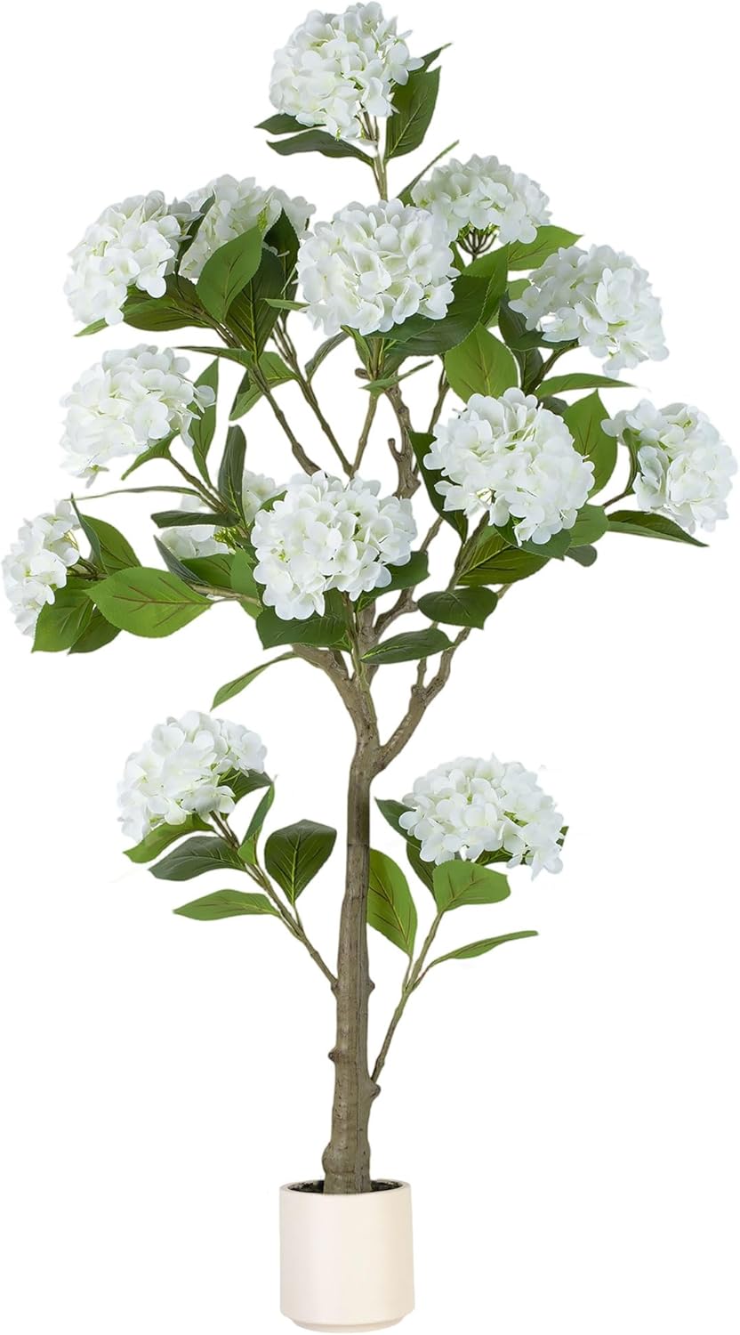 BLOSMON White Hydrangea Artificial Trees: 5ft Real Touch Faux Hydrangeas Flower Tree with Pot for Front Porch Planters Decoration Outdoor - Fake Silk Floral Plant for Home Patio Entrance Decor Indoor