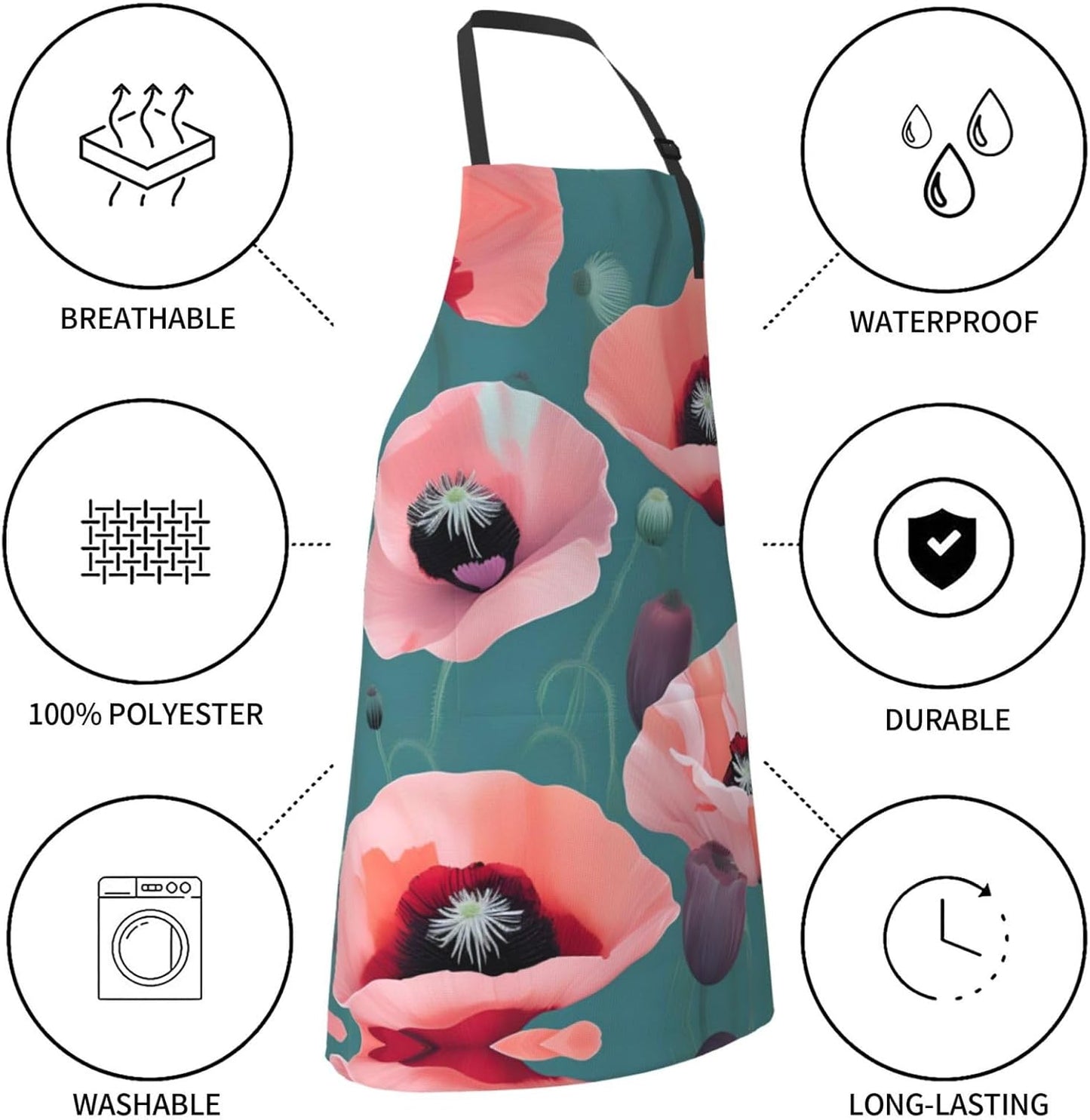 Pastel Poppies print Waterproof chef's apron with pocket apron for kitchen cooking baking barbecue and gardening