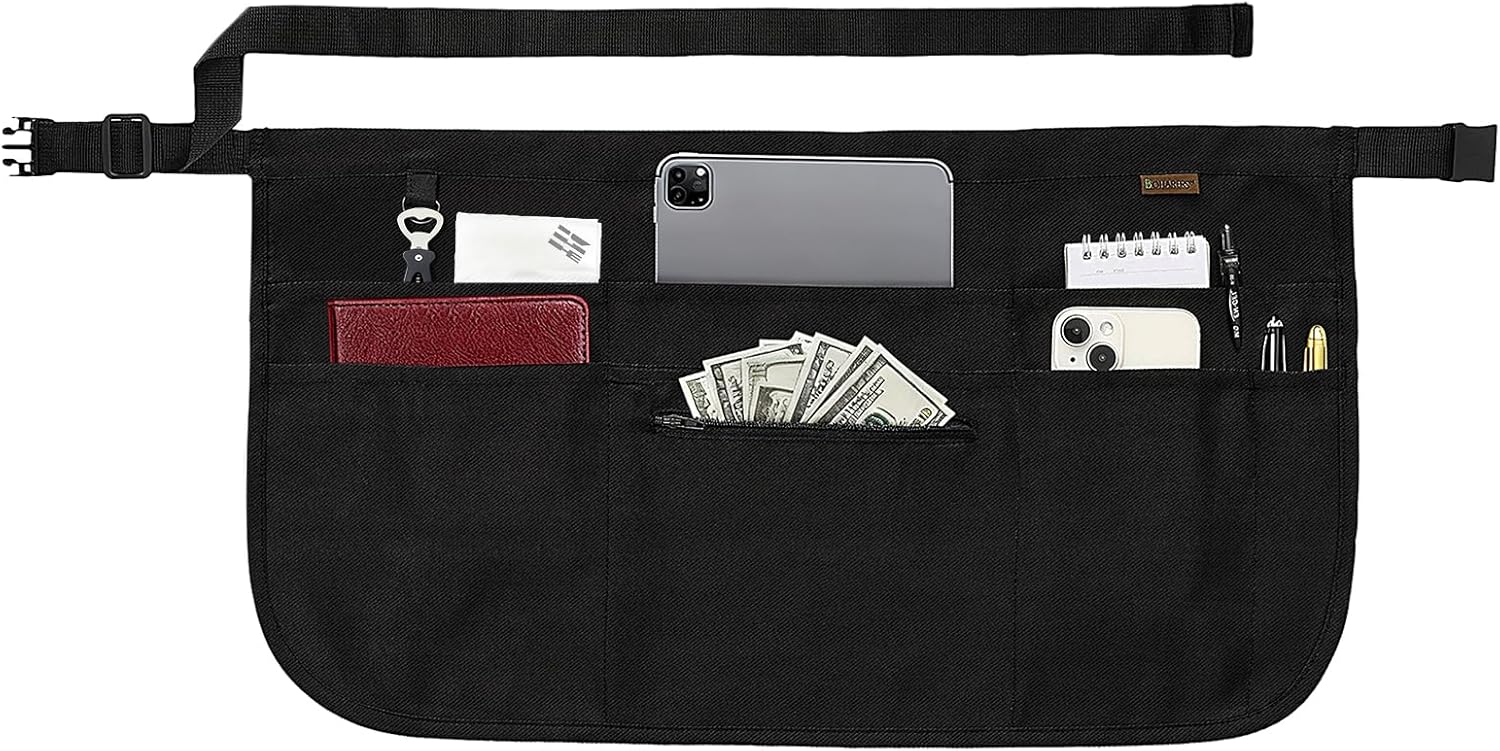 BOHARERS Black Waitress Apron 7 Pockets Server Apron with Buckle Closu
