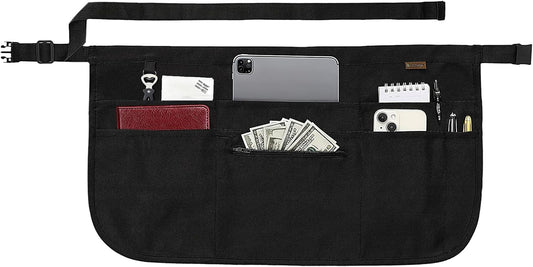 BOHARERS Black Waitress Apron 7 Pockets Server Apron with Buckle Closu