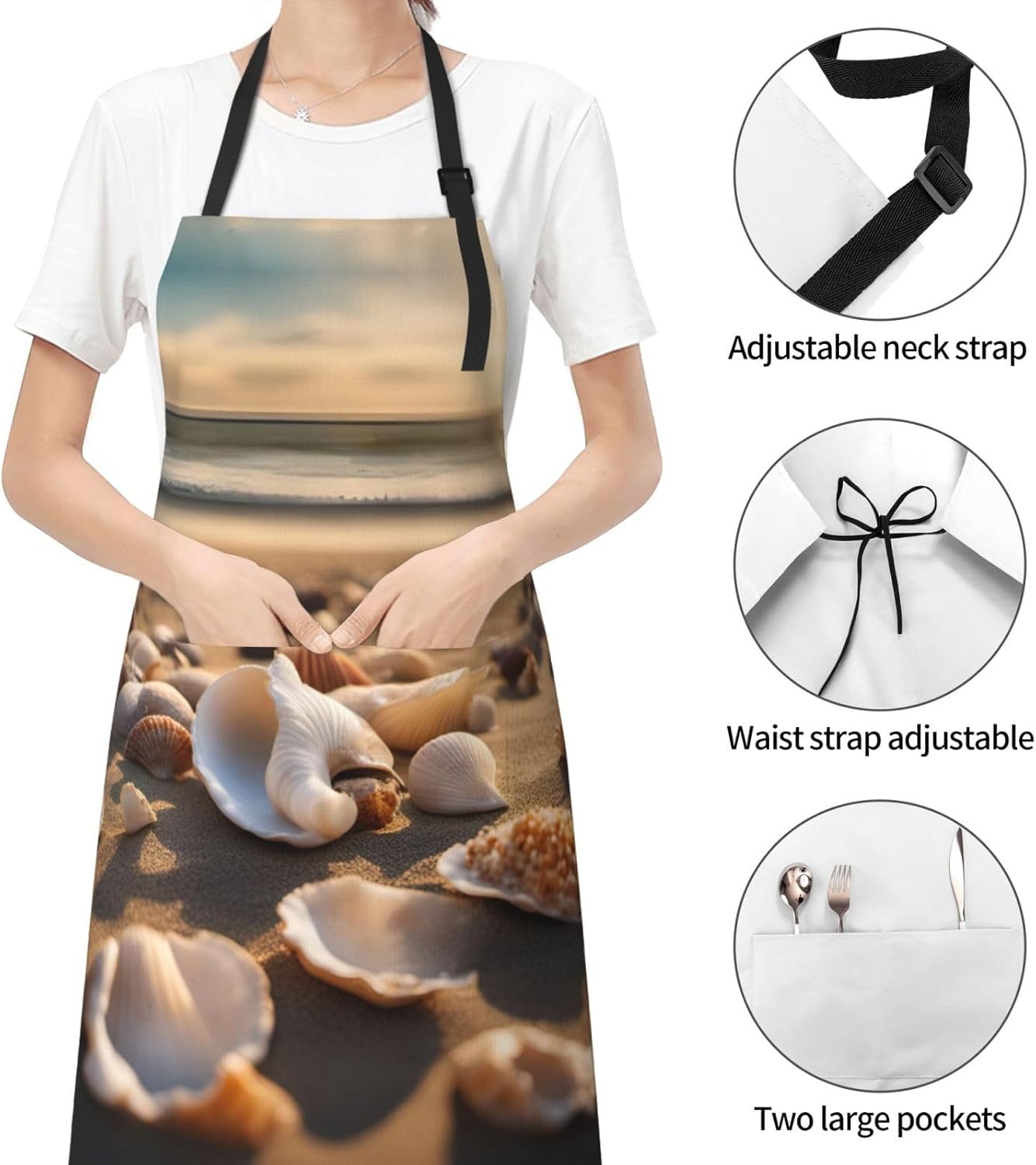 Seashell Landscape On The Beach print Waterproof chef's apron with pocket apron for kitchen cooking baking barbecue and gardening