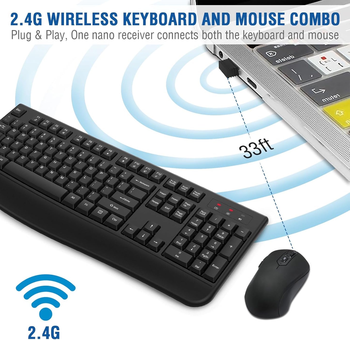 Wireless Keyboard and Mouse Combo, EDJO 2.4G Full-Sized Ergonomic Comp