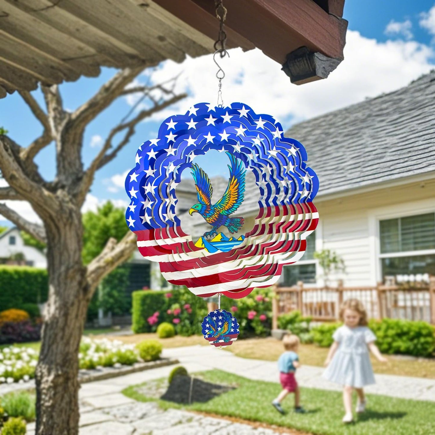 Charming American Eagle Wind Spinner-12 Inch Stainless Steel Decoration for Outside with Bright Colors, Safe Edges and Unique Design, Great Gifts for Mom/Ladies, Doubles as Scare Birds Away