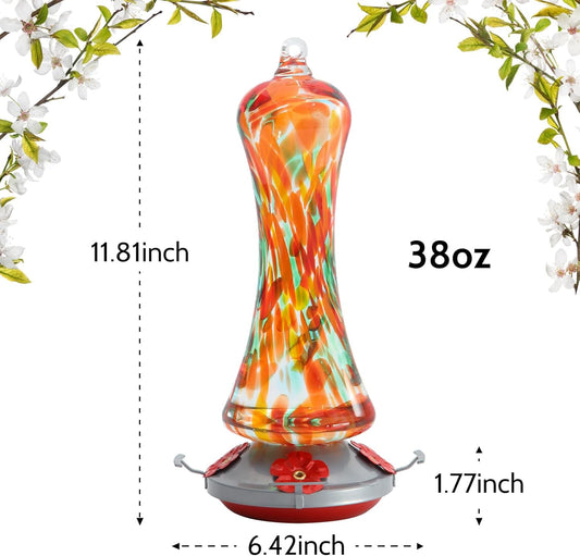 Glass Hummingbird Feeder for Outdoors: Orange Window Hanging Hummingbirds Presents for Women - Ant Moat Included, Metal Base with 4 Feeding Ports & Perch, Leak Proof, 20 fl.oz, Best Garden Decor