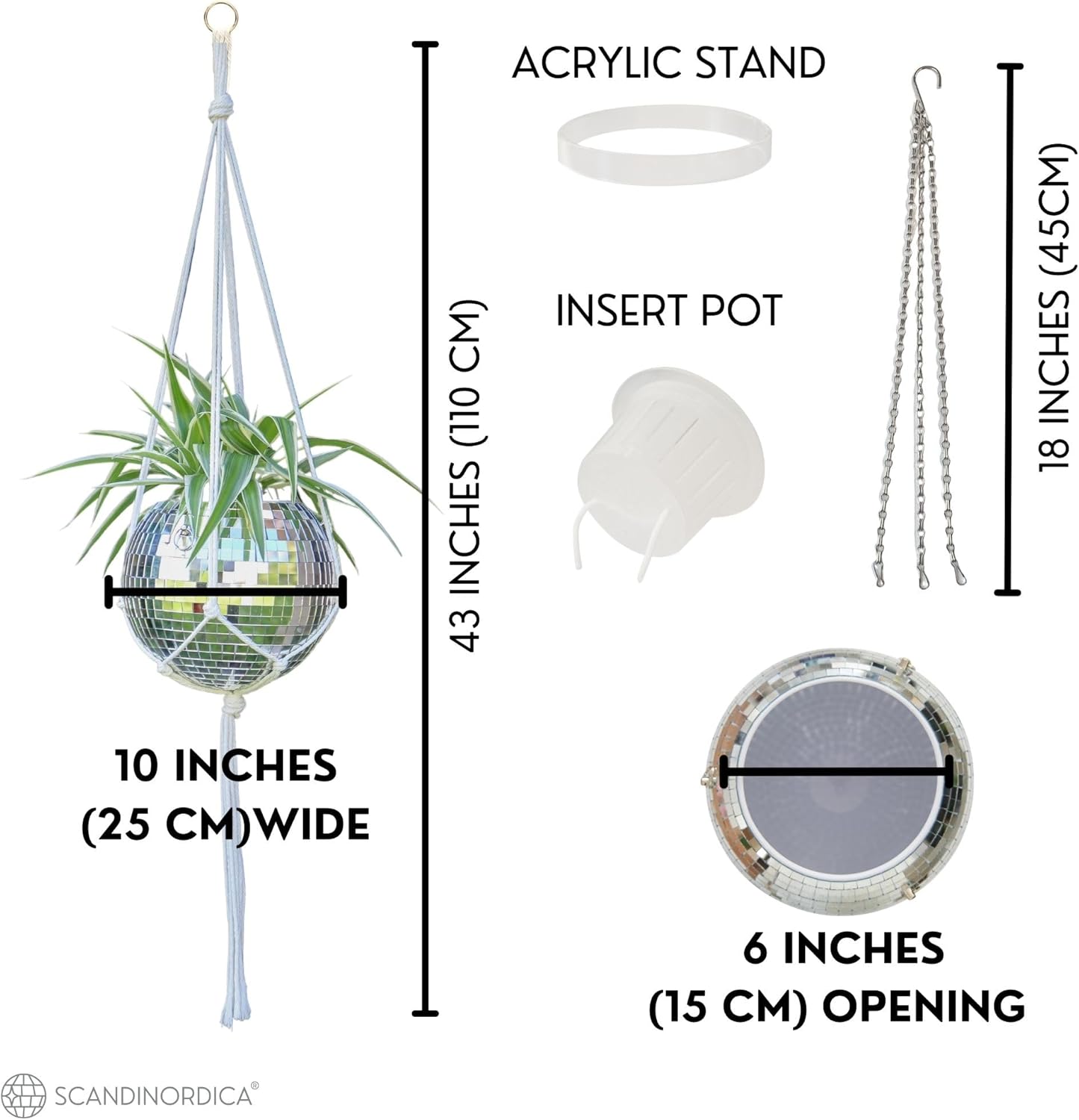 SCANDINORDICA Disco Ball Planter – Value Package: Mirror Disco Planter with Chain, Macrame Hanger and Acrylic Stand for Desk, Includes Self Watering Insert, Eclectic Home Decor | 10 inch Silver