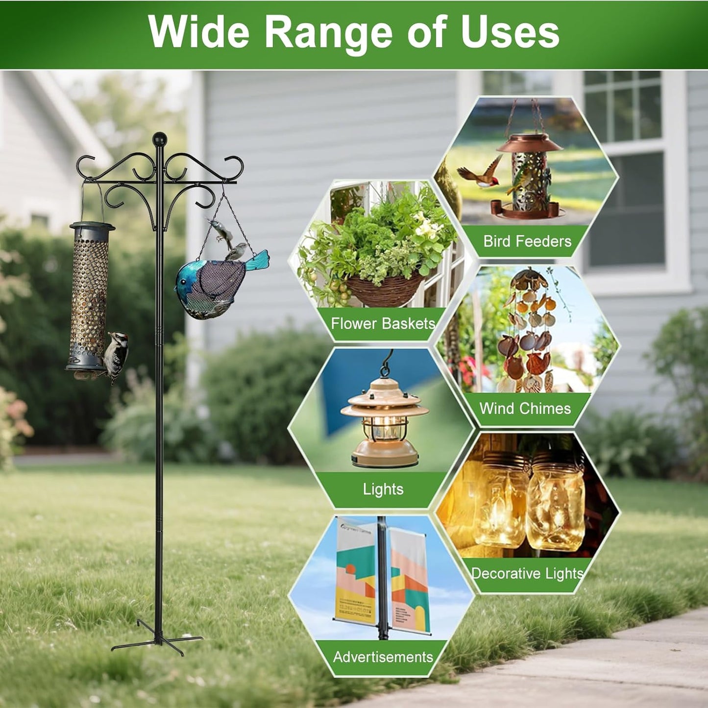 Shepherds Hook Bird Feeder Pole for Outdoor, 46 Inch Tall Heavy Duty Feeder Pole with 4 Hook for Hanging Bird Feeders, Hummingbird Feeder, Plant Baskets