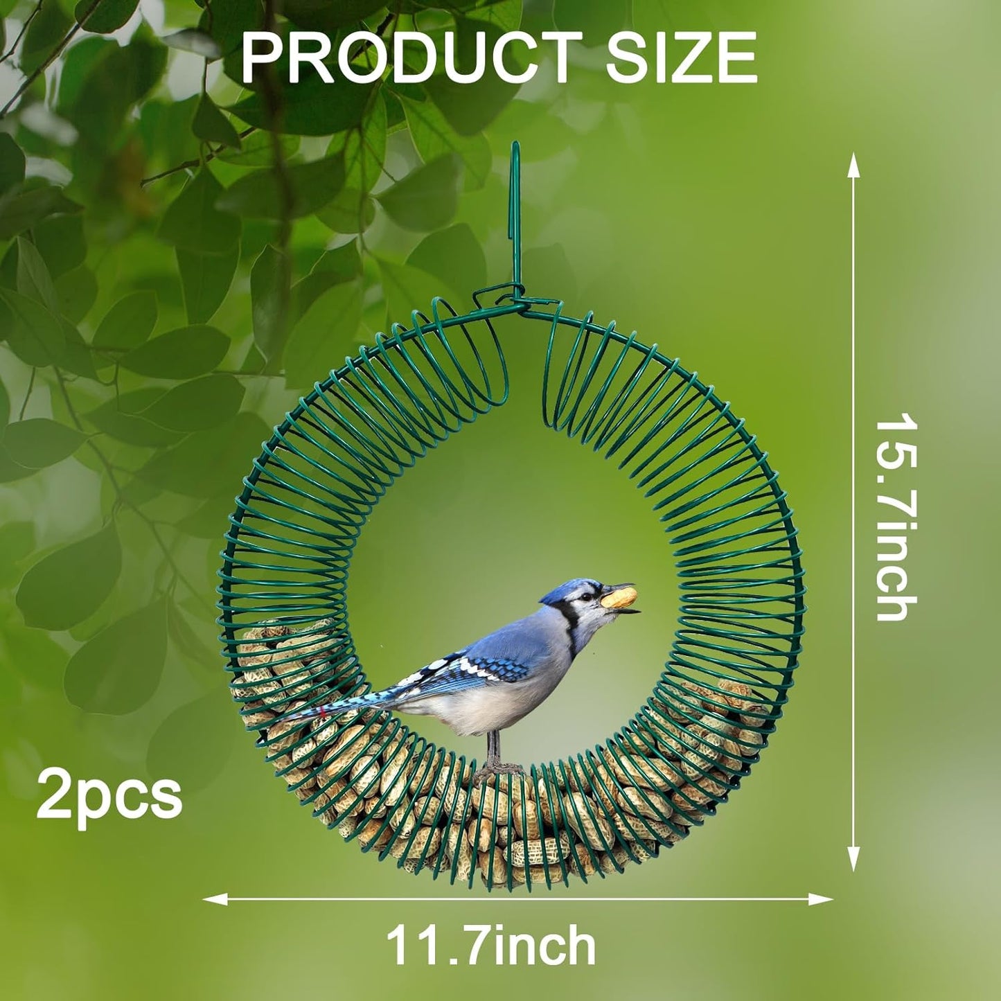 Hugeleaf 2 Pieces Peanut Bird Feeder, Hanging Wreath Feeder Round Metal Whole Wild Bird Feeder with Hanging Hook for Outdoor Birds and Squirrels Feeding, Fat Suet Ball Feeder for Blue Jay, Green