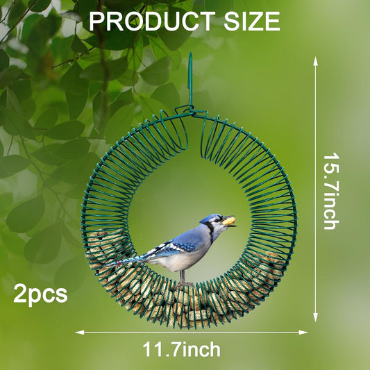 Hugeleaf 2 Pieces Peanut Bird Feeder, Hanging Wreath Feeder Round Metal Whole Wild Bird Feeder with Hanging Hook for Outdoor Birds and Squirrels Feeding, Fat Suet Ball Feeder for Blue Jay, Green