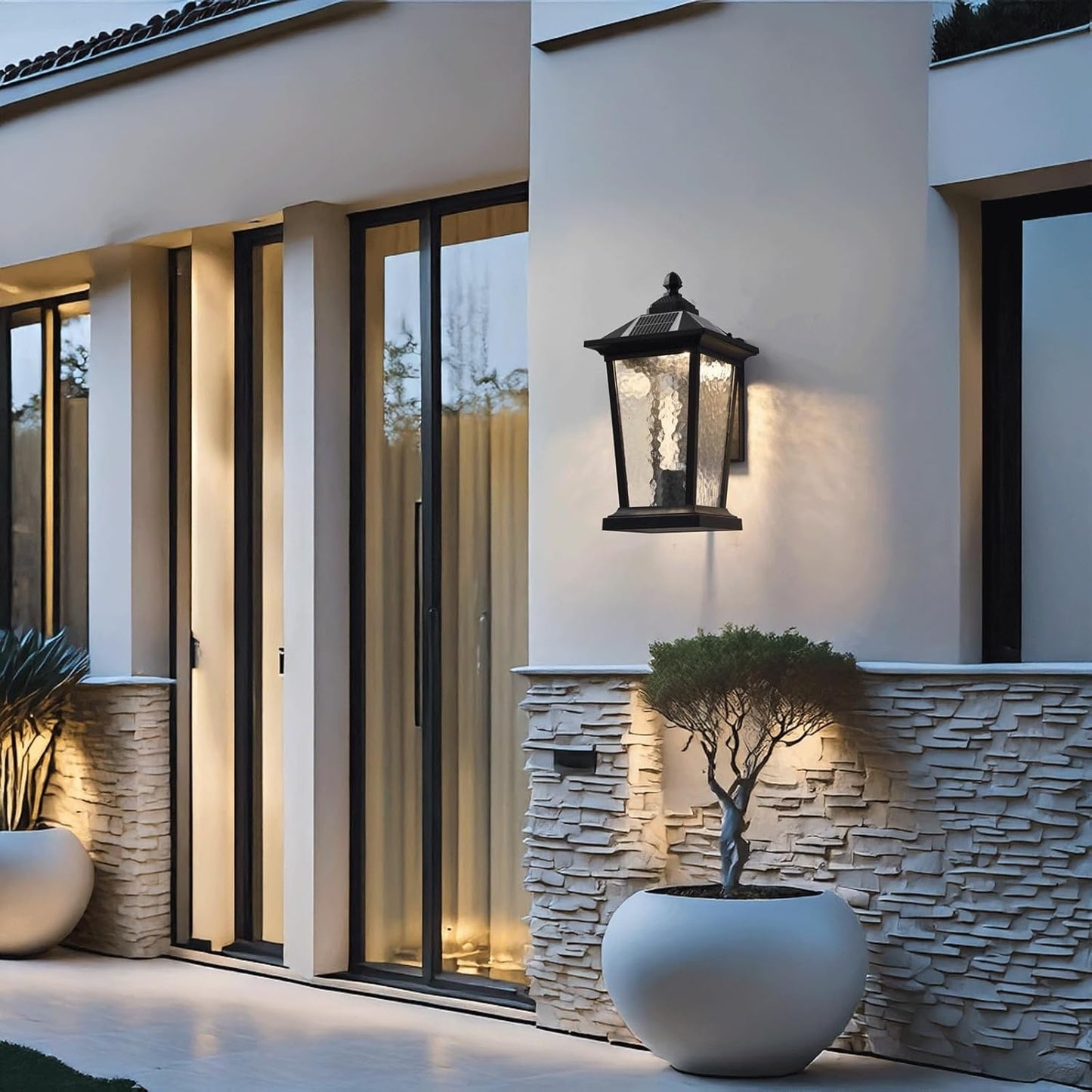 Solar Wall Sconce, Exterior Wall Lantern, Wall Light, Dusk to Dawn with Remote, Black Aluminum and Ripple Glass for Porch Patio Garden Garage Yard Fence Villa Entryway Gate Cottage