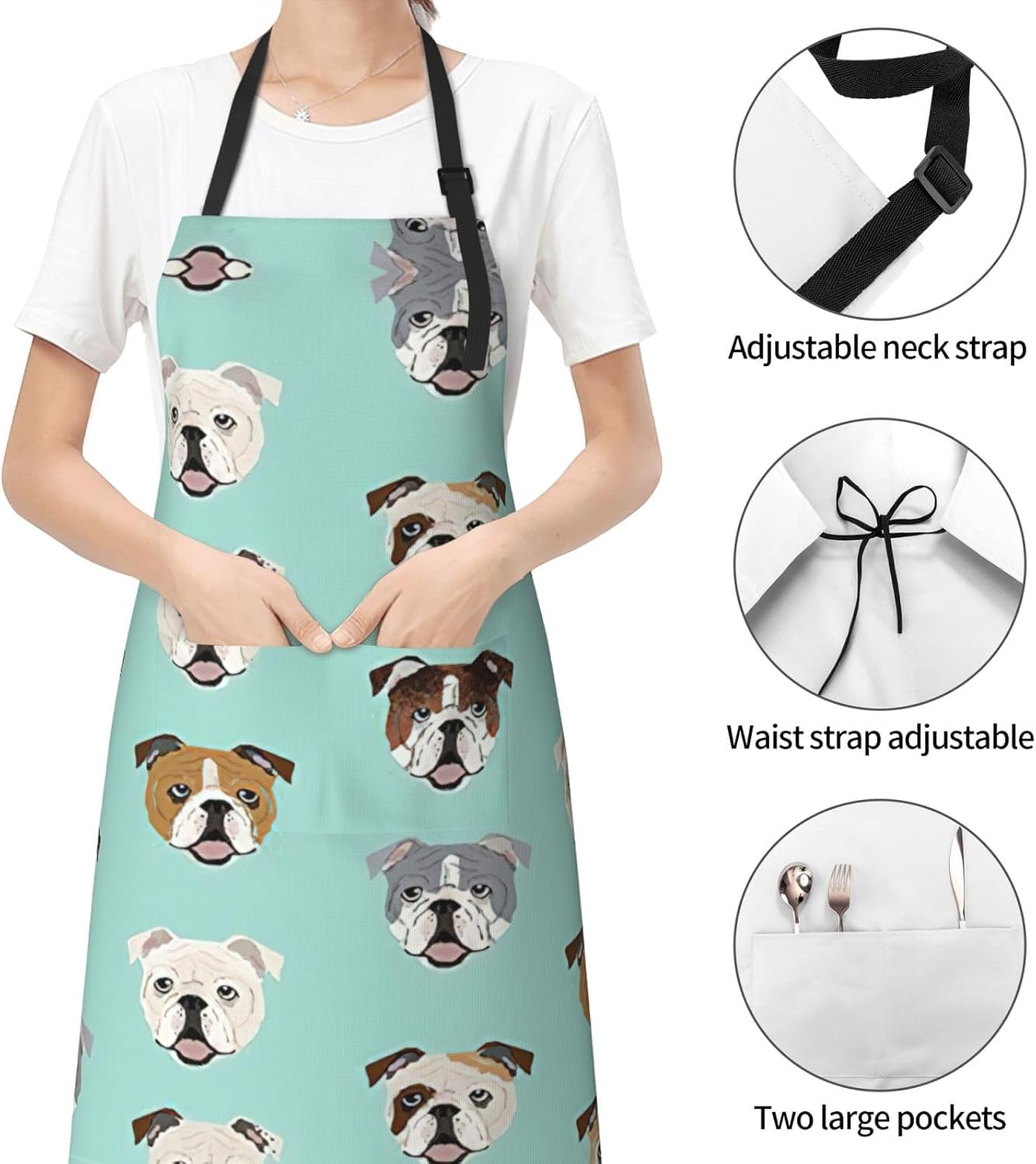 English Bulldog Faces Print Laundry apron 28x33 In Waterproof Kitchen Apron with Pockets for Cooking Baking