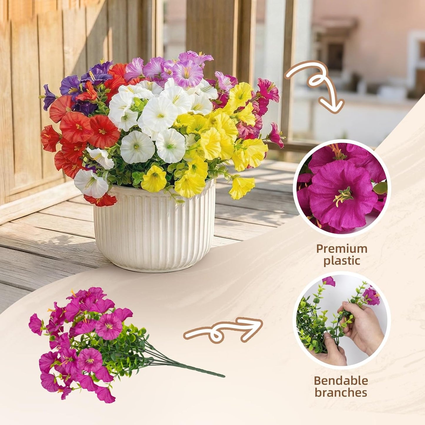 Artificial Flowers, Realistic Fake Morning Glory, Artificial Plants Outdoor, Porch Decoration, for Garden, Patio, Wedding (14, Red, Purple, Yellow, White, Fuchsia, Rose Red, Gradient Purple)