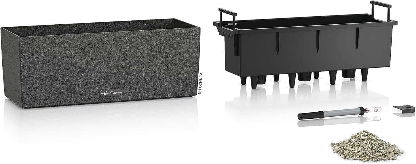 Lechuza BALCONERA Stone 50 Graphite Black, Self-Watering Window Box (Railing Planter), H7.5 L19.7 W7.5 in