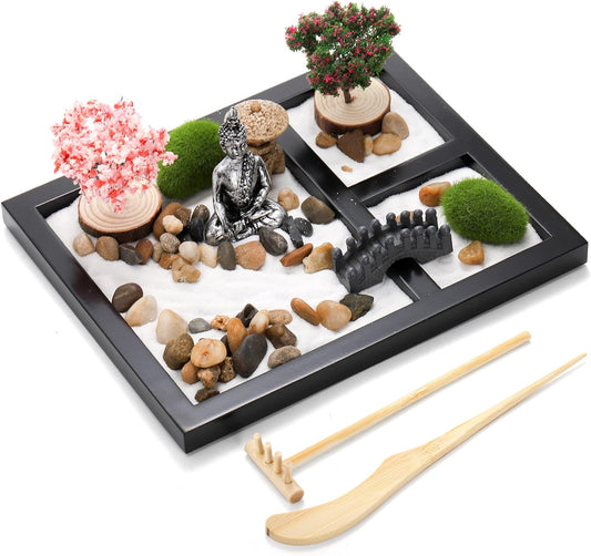 Hiceeden Zen Garden Kit for Desk, 8.5×7.5 Inches Japanese Mini Zen Garden Accessories, Sand Tray Therapy Kit Meditation Gift for Home Office Desk Decor