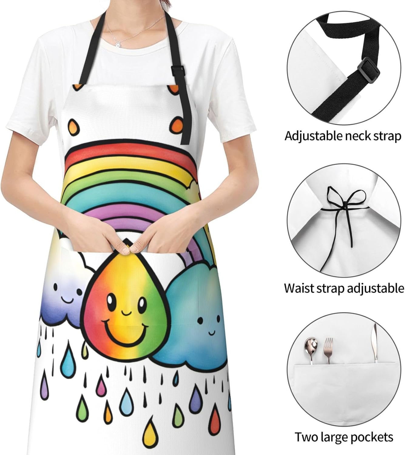 Rainbow Clouds Raindrop 1 print Waterproof chef's apron with pocket apron for kitchen cooking baking barbecue and gardening