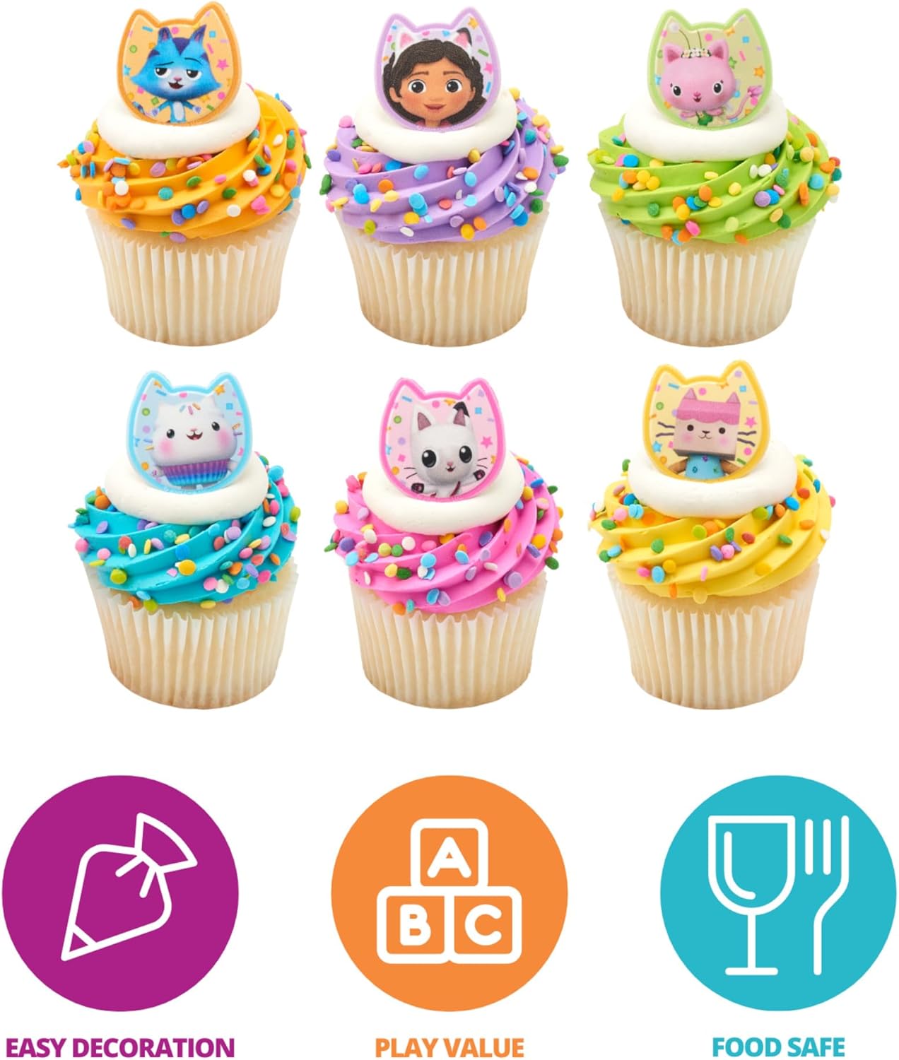 DecoPac DreamWorks Gabby's Dollhouse Rings, 24 Cupcake Decorations Featuring Gabby, Pandy Paws, Irresistible Kitty Characters, and Super Fun Adventures! - 24 Pack
