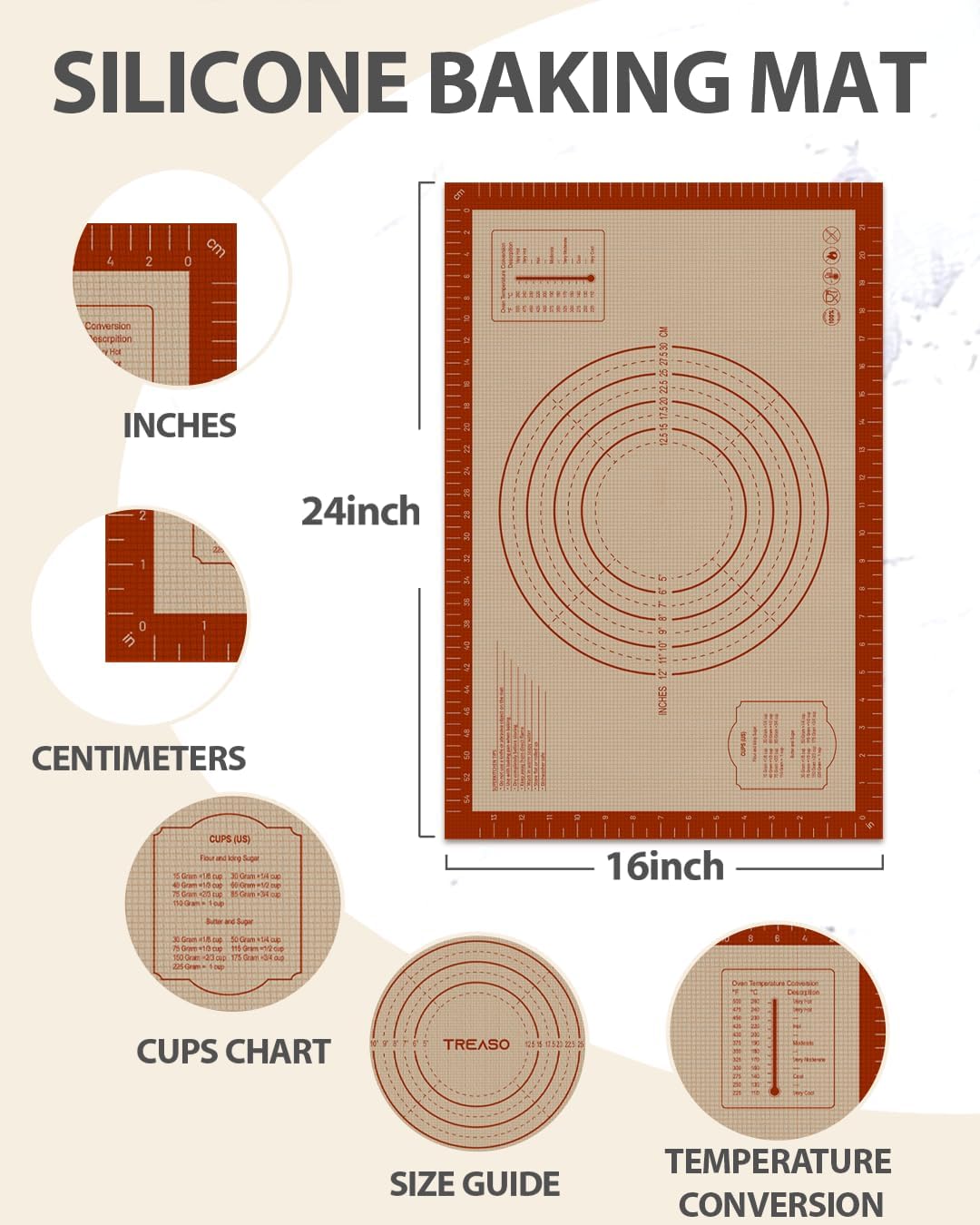 Silicone Baking Mat, 24" x 16" Baking Mat, Pastry Rolling Sourdough Ba