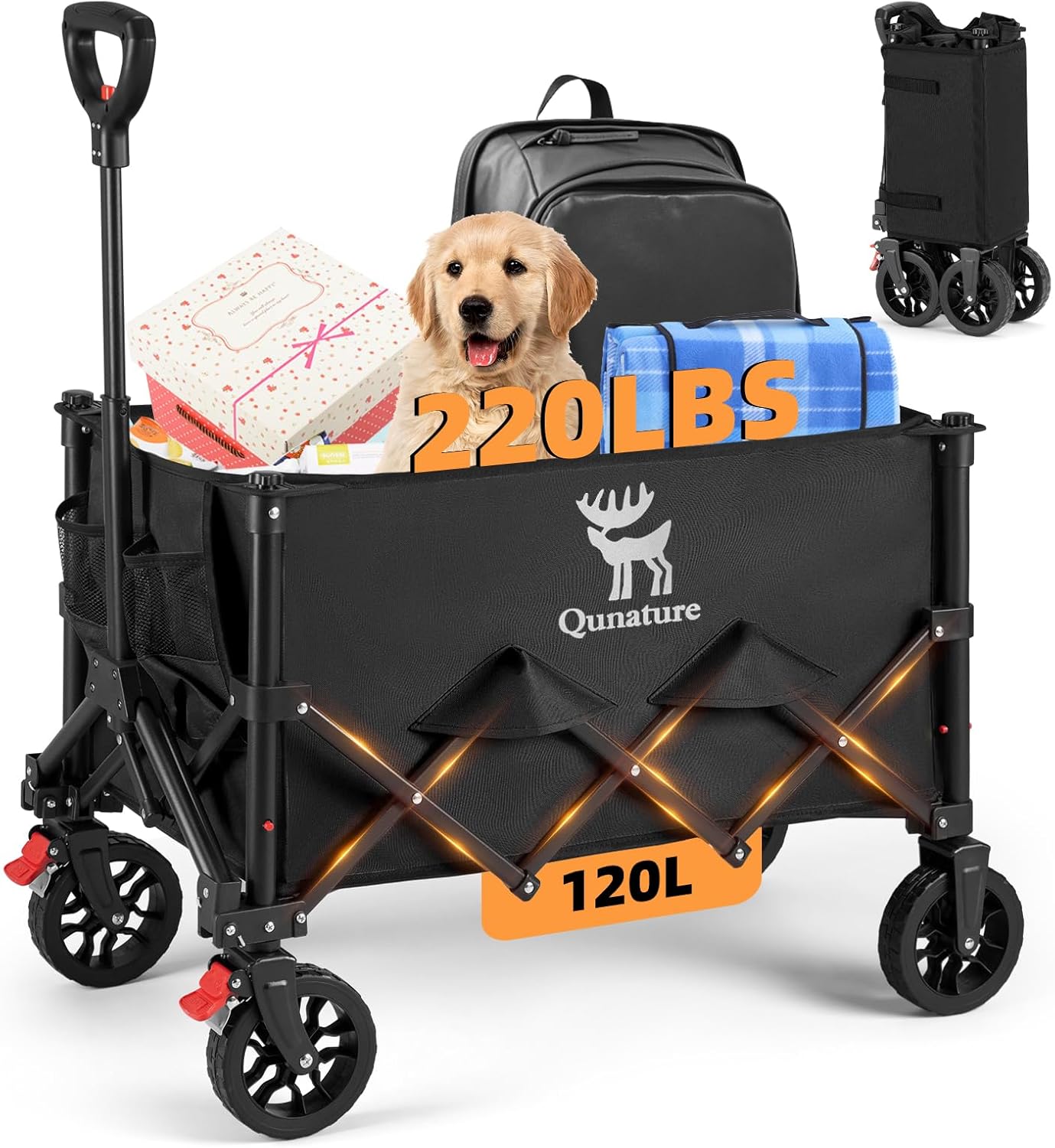 Collapsible Wagon Carts Foldable with Wheels 220LBS Capacity, 120L Folding Wagons Carts, Heavy Duty Utility Wagon Grocery Cart on Wheels for Garden Party Beach Shopping Picnic Garage