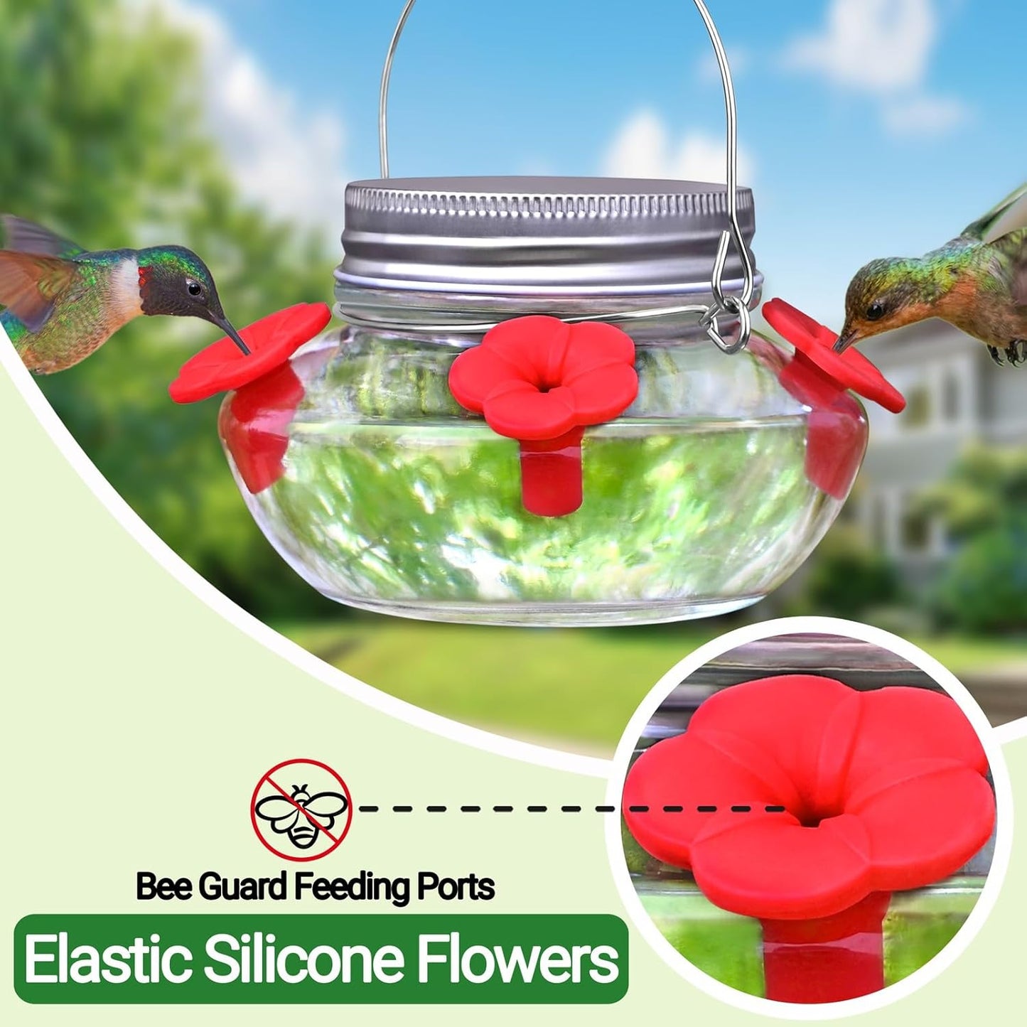 Glass Hummingbird Feeders for Outdoors Hanging, Cute Mason Jar Shape with 4 Silicone Flower Feeding Ports, Top Fill Leak Proof Easy to Clean and Refill, Humming Bird Feeder for Outside Garden
