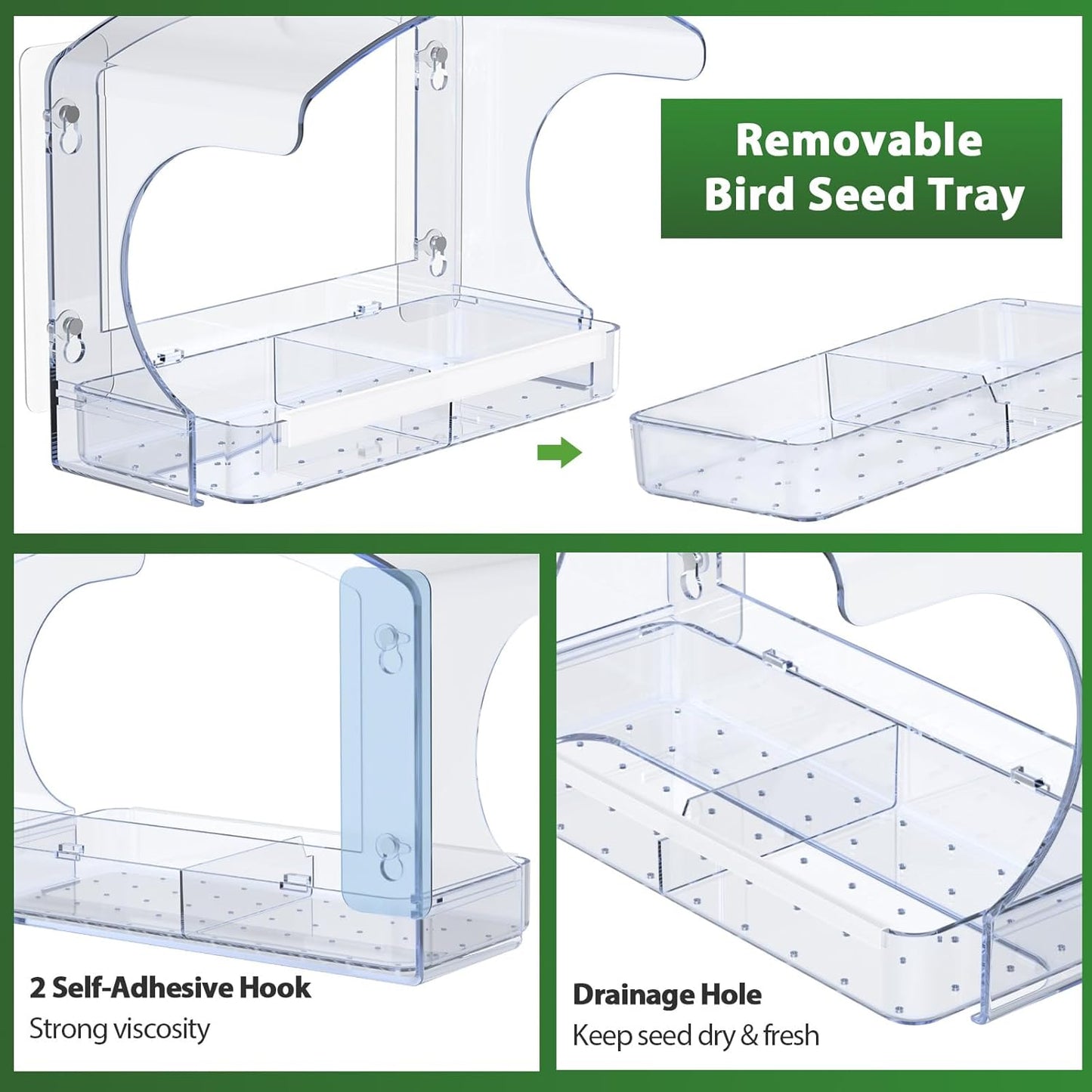 Large Window Bird Feeders Outside with 2 Non-Marking Self-Adhesive Hooks - Wild Bird Watching Outdoor Transparent - Unique Gifts for Garden Yard Elderly Viewing(with a Brush, Easy to Clean)
