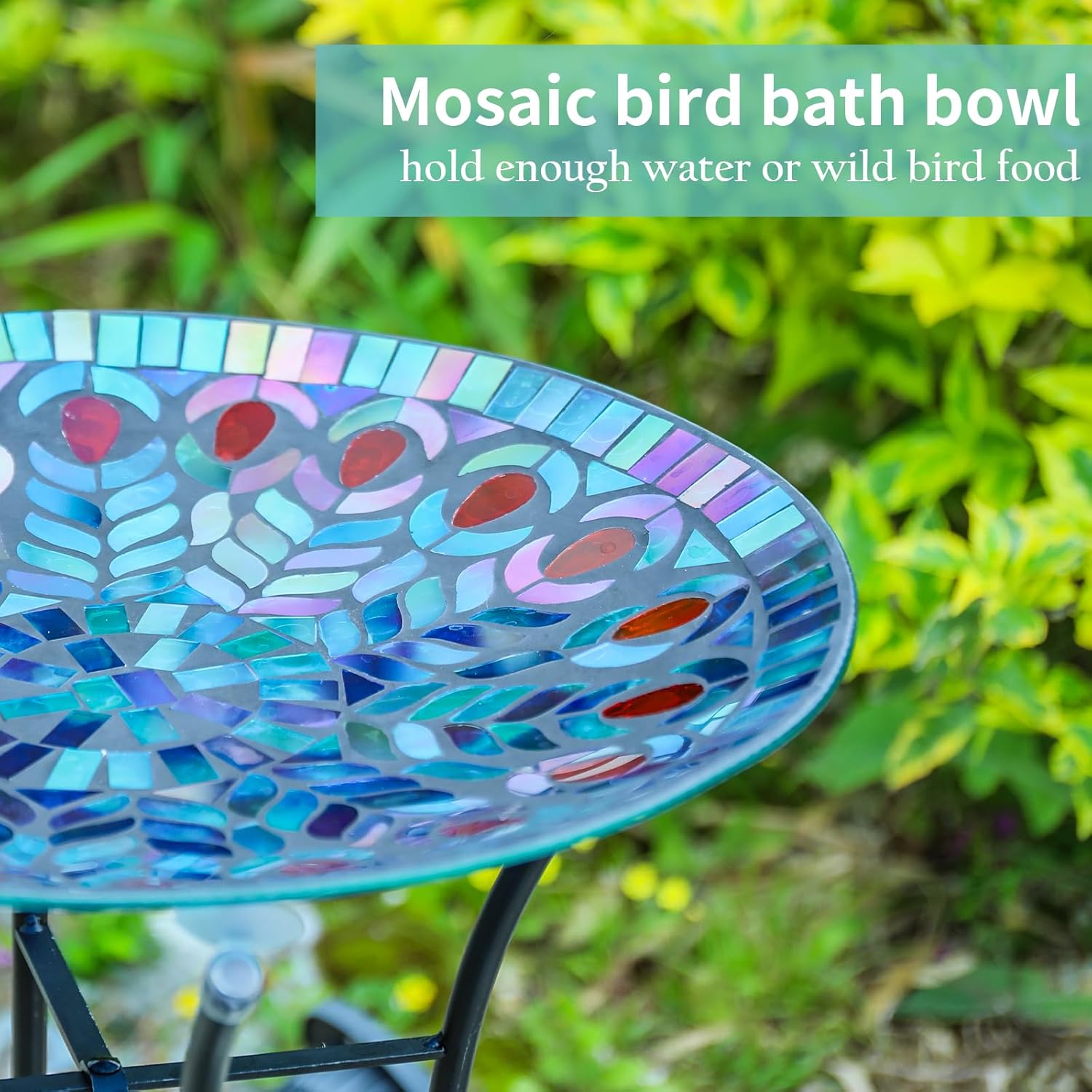 VCUTEKA Mosaic Bird Bath, Glass Birdbath Detachable with Metal Standin