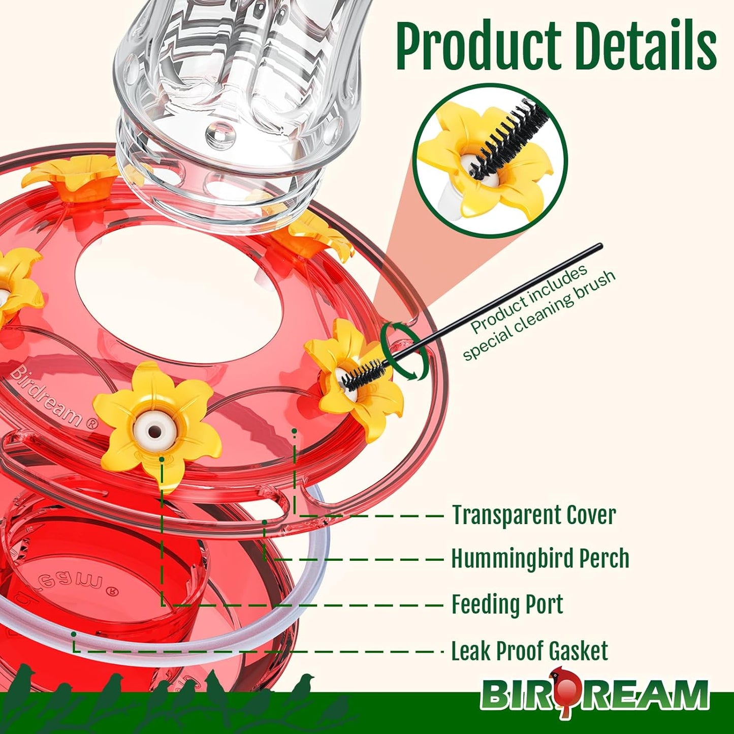 Birdream Glass Hummingbird Feeder for Outdoors, 18oz Hanging Nectar Ho