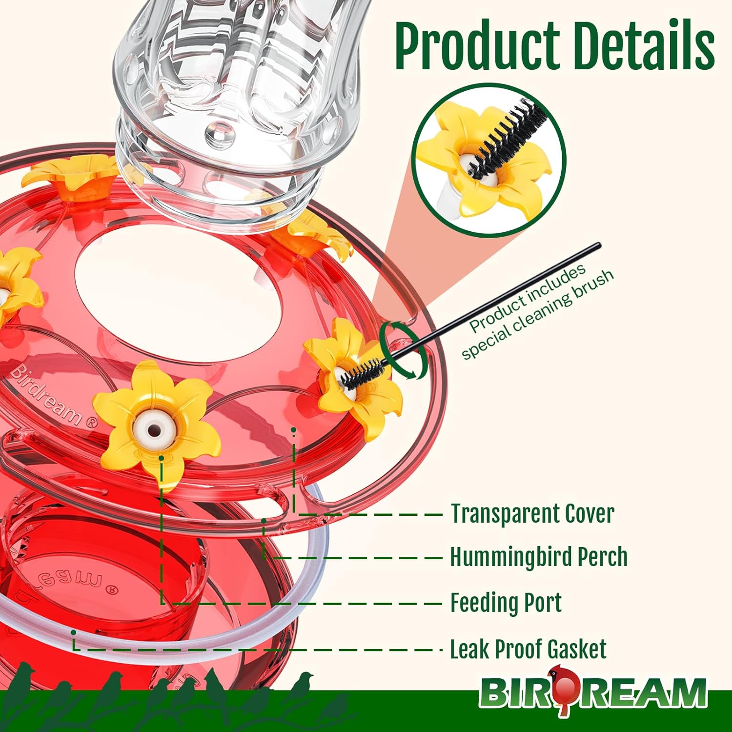 Birdream Glass Hummingbird Feeder for Outdoors, 18oz Hanging Nectar Ho