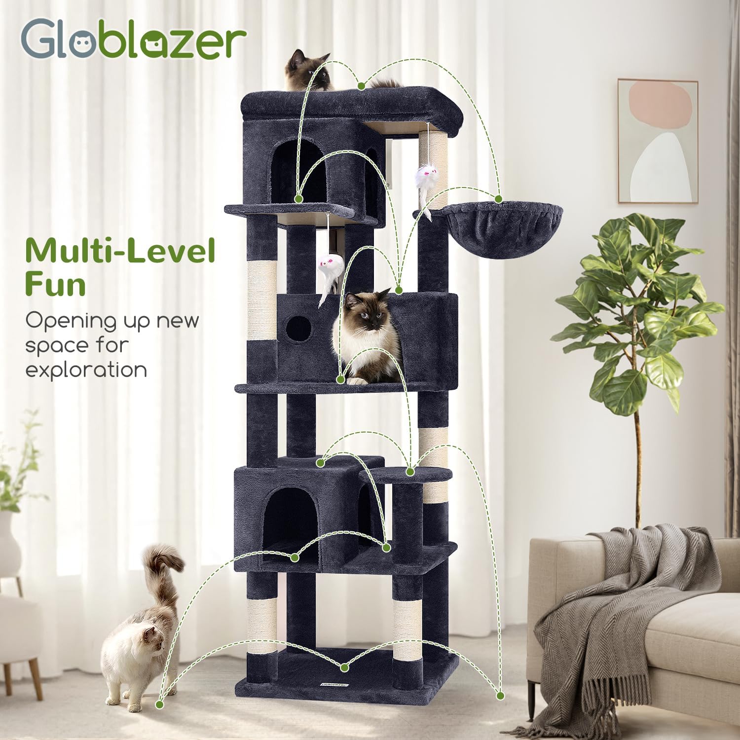 Globlazer Corner Cat Tree 66 inch Multi-Level Climbing Tower Kitty Con