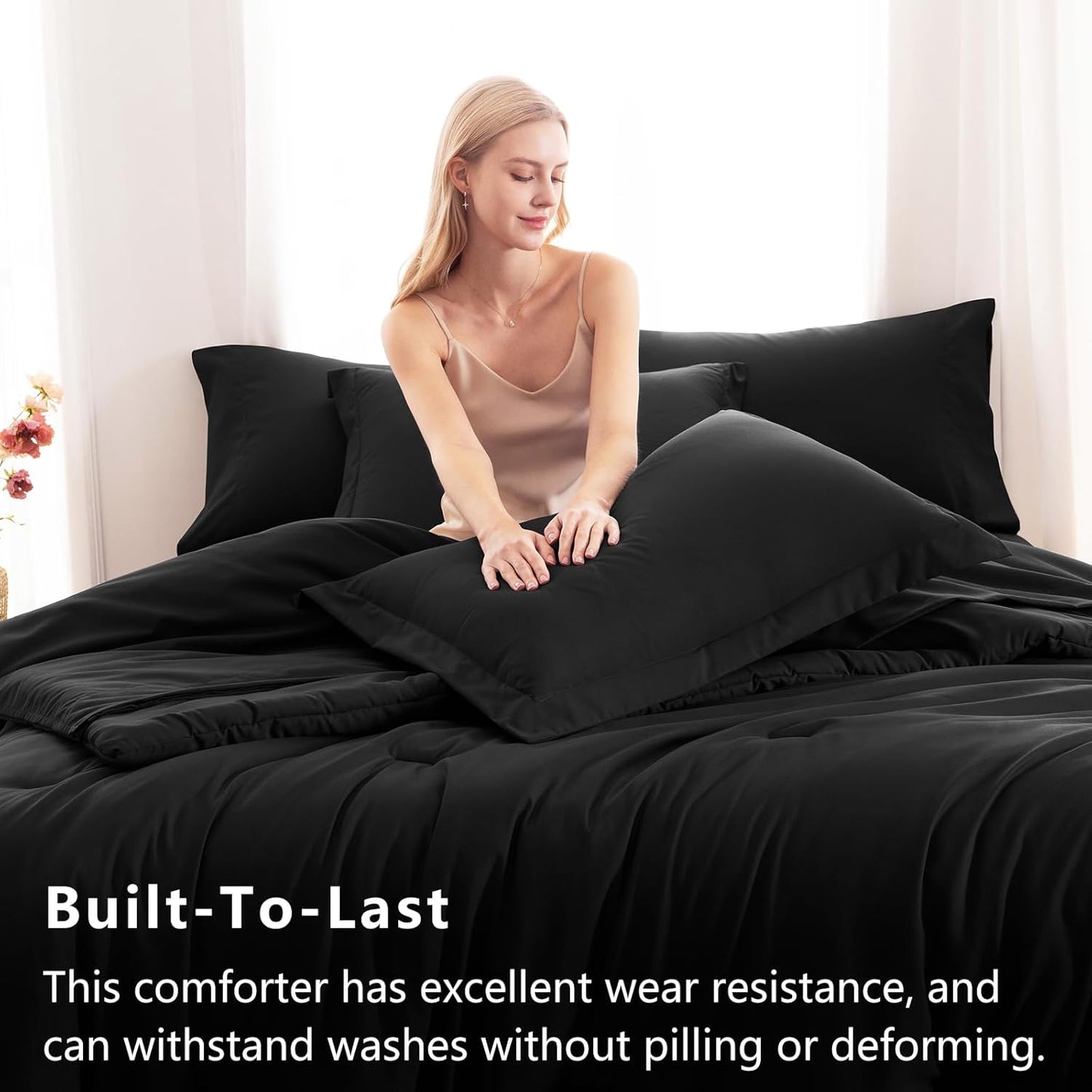 CozyLux Queen Comforter Set Black, 7 Pieces Bed in a Bag Soft Bedding Comforter Set with Sheets, All Season Boho 7PC Bed Sets with Comforter, Fitted Sheets, Flat Sheets, Pillow Shams and Pillowcases