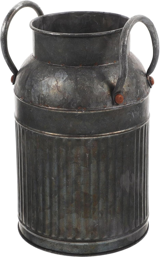 Milisten Rustic Metal Flower Bucket Vase Vintage Tin Planter Pot with Handle for Home Décor and Succulent Arrangement, Antique Gray Color, Decorative Flower Container for Indoor Balcony