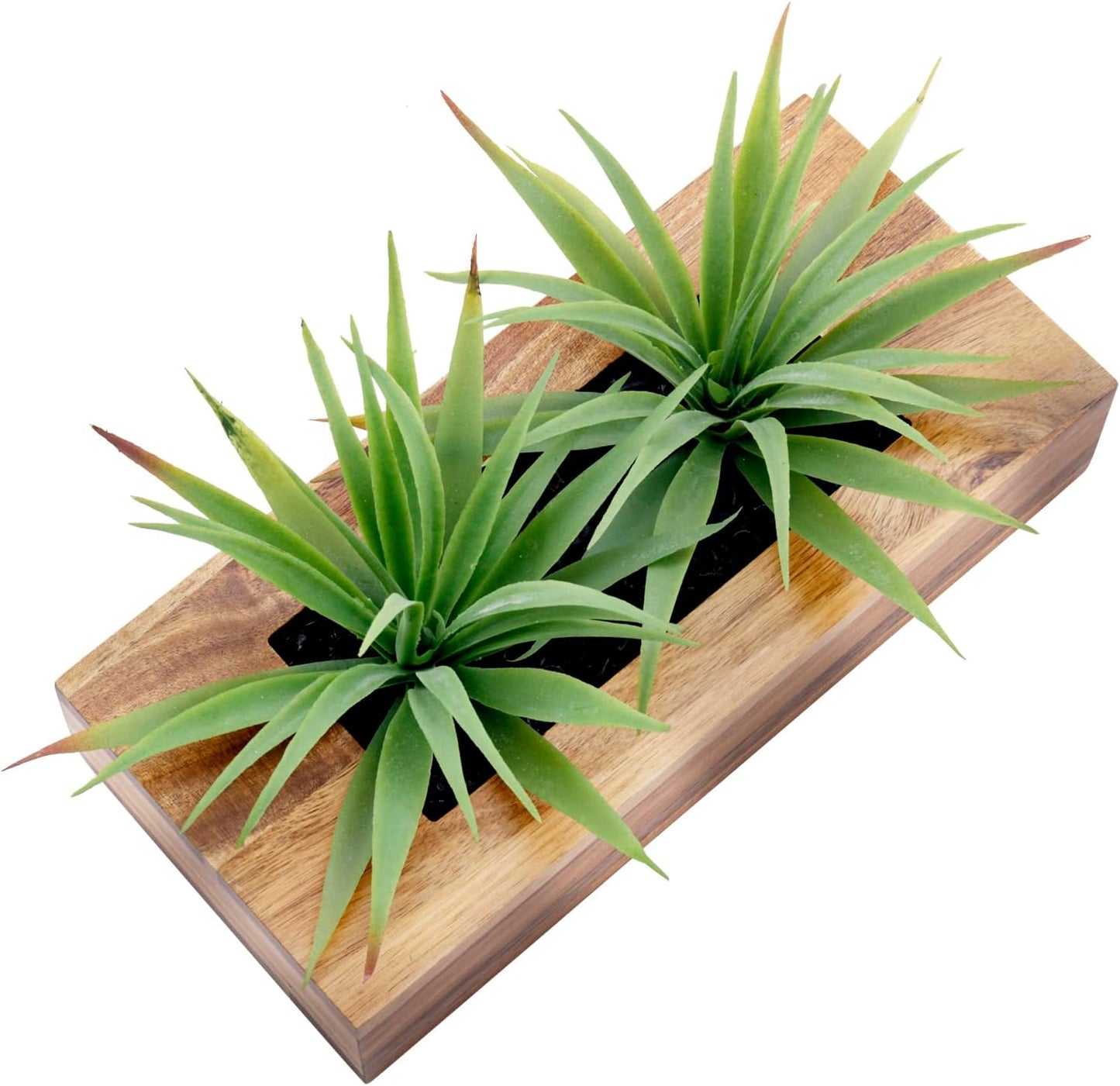 MyGift 10 Inch Artificial Green Grass Plants in Deluxe Acacia Solid Wood Decorative Planter Pot, Faux Greenery in Rectangular Wooden Container