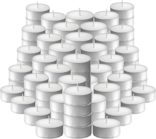 L'ner Tea Light Candles – Set of 100 Unscented Tea Lights – Burns Aprx. 4 Hours – Party & Ambience Candles – Restaurant Decorations