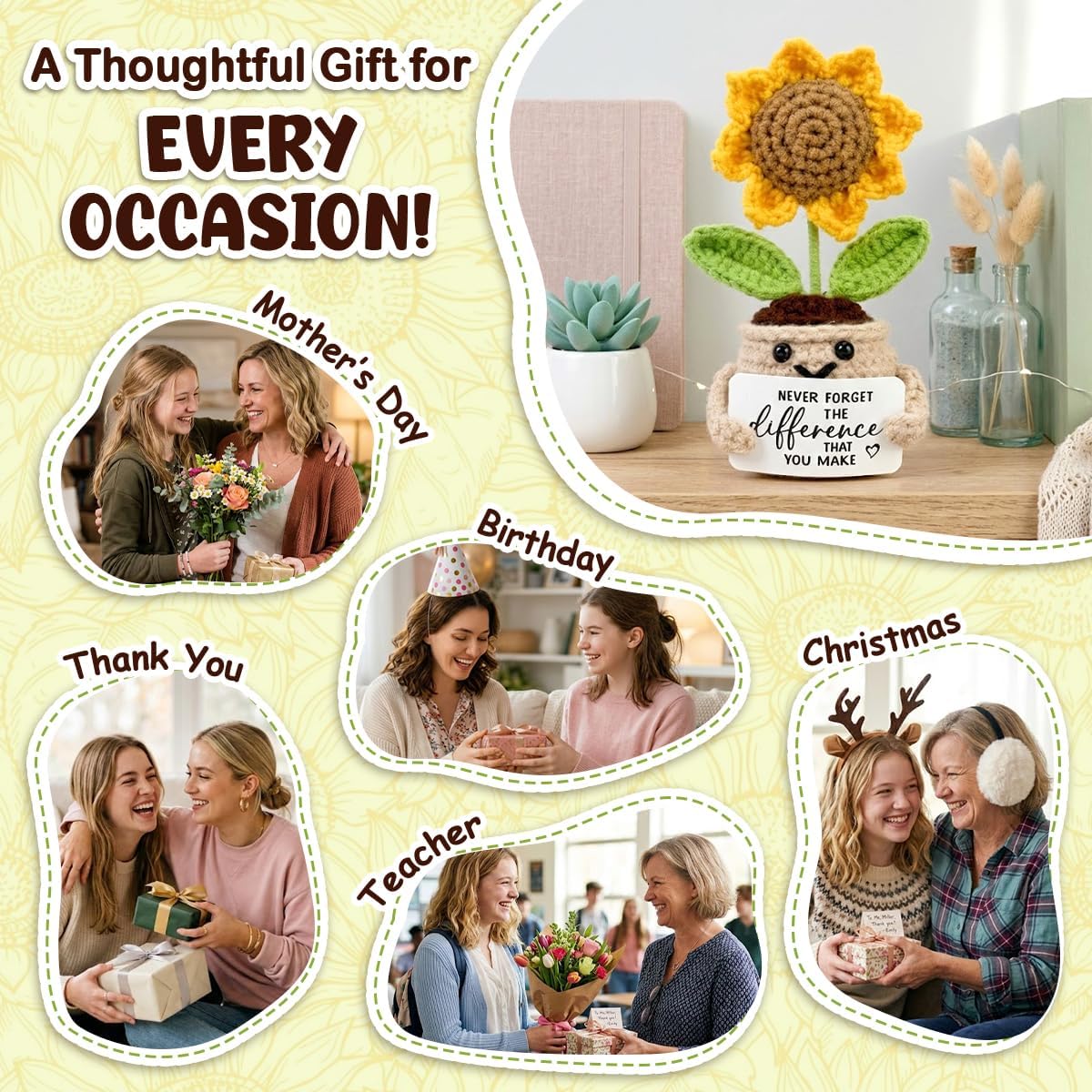 Mini Positive Crochet Sunflower Mothers Day for Mom, Cute Birthday Gifts for Women, Thank You Gifts for Teacher, Coworker, Friends and Sunflower Decor
