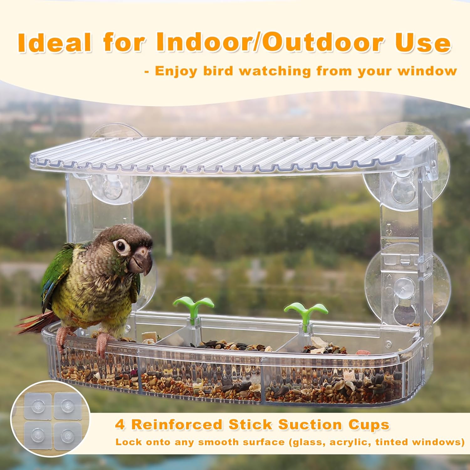 Transparent Acrylic Window Bird Feeder 3-Tier Removable Trays - 8 Suct