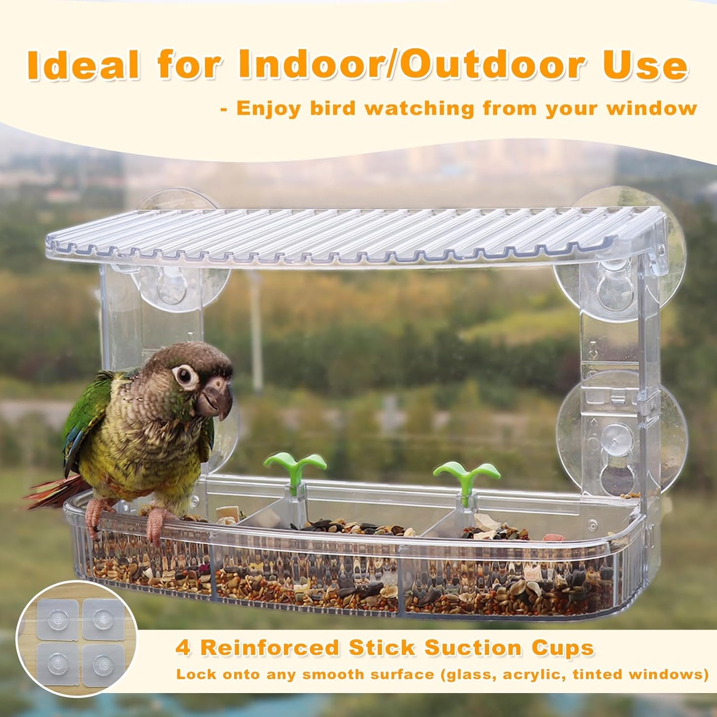 Transparent Acrylic Window Bird Feeder 3-Tier Removable Trays - 8 Suction Cups for Indoor/Outdoor Small Bird Feeding (Parrots, Finches)